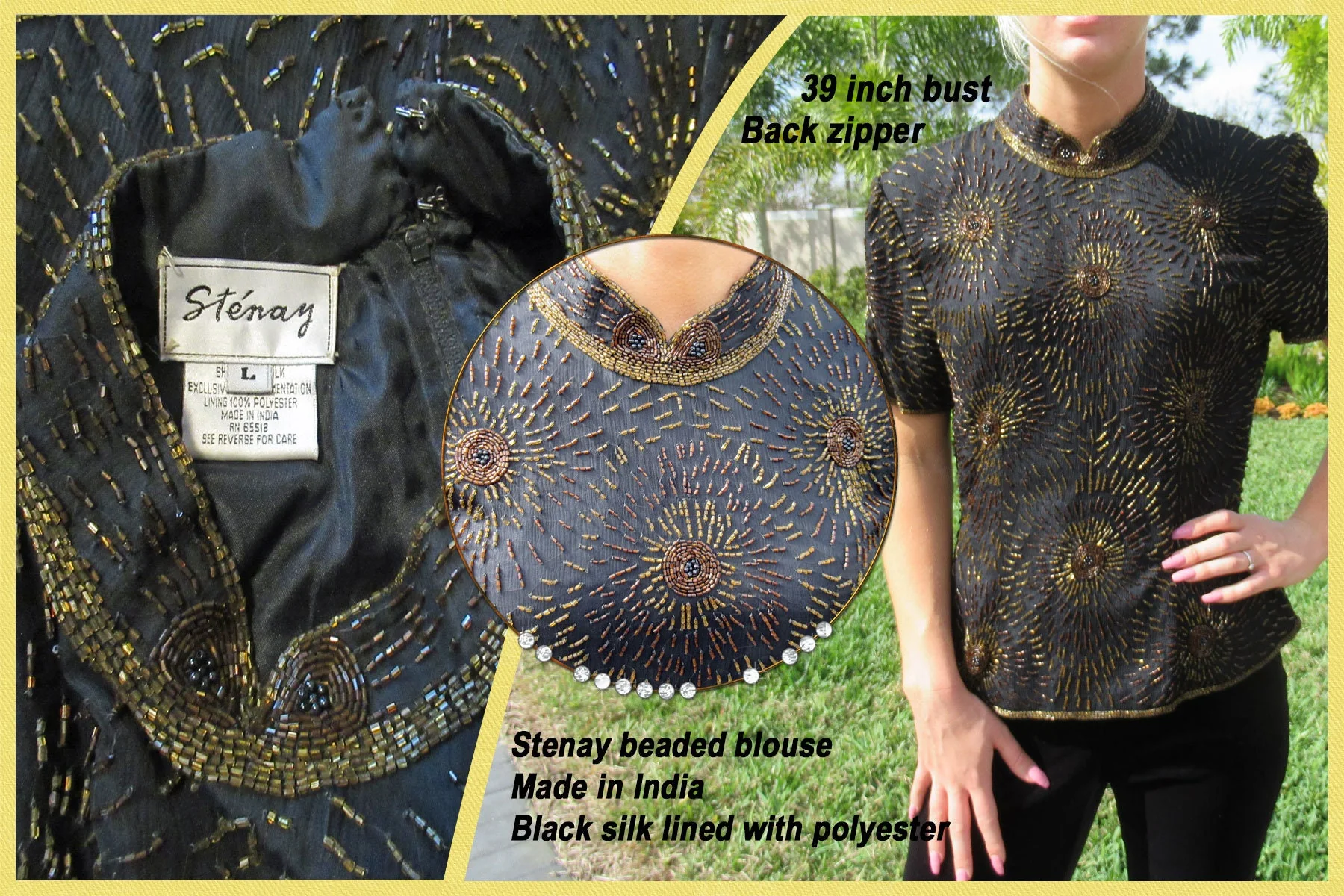 39 Bust Beaded Blouse Made In India, Stenay, Copper Beads On Black Silk, Lined with Black Polyester, Back Zip, Band-Collar, Short Sleeve - Image 6