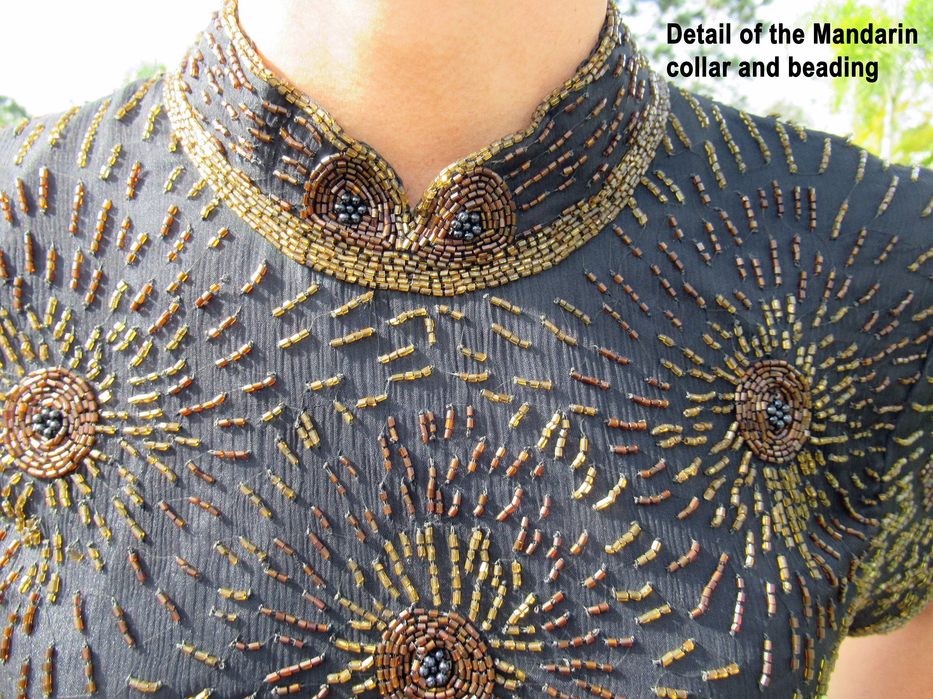 39 Bust Beaded Blouse Made In India, Stenay, Copper Beads On Black Silk, Lined with Black Polyester, Back Zip, Band-Collar, Short Sleeve - Image 7