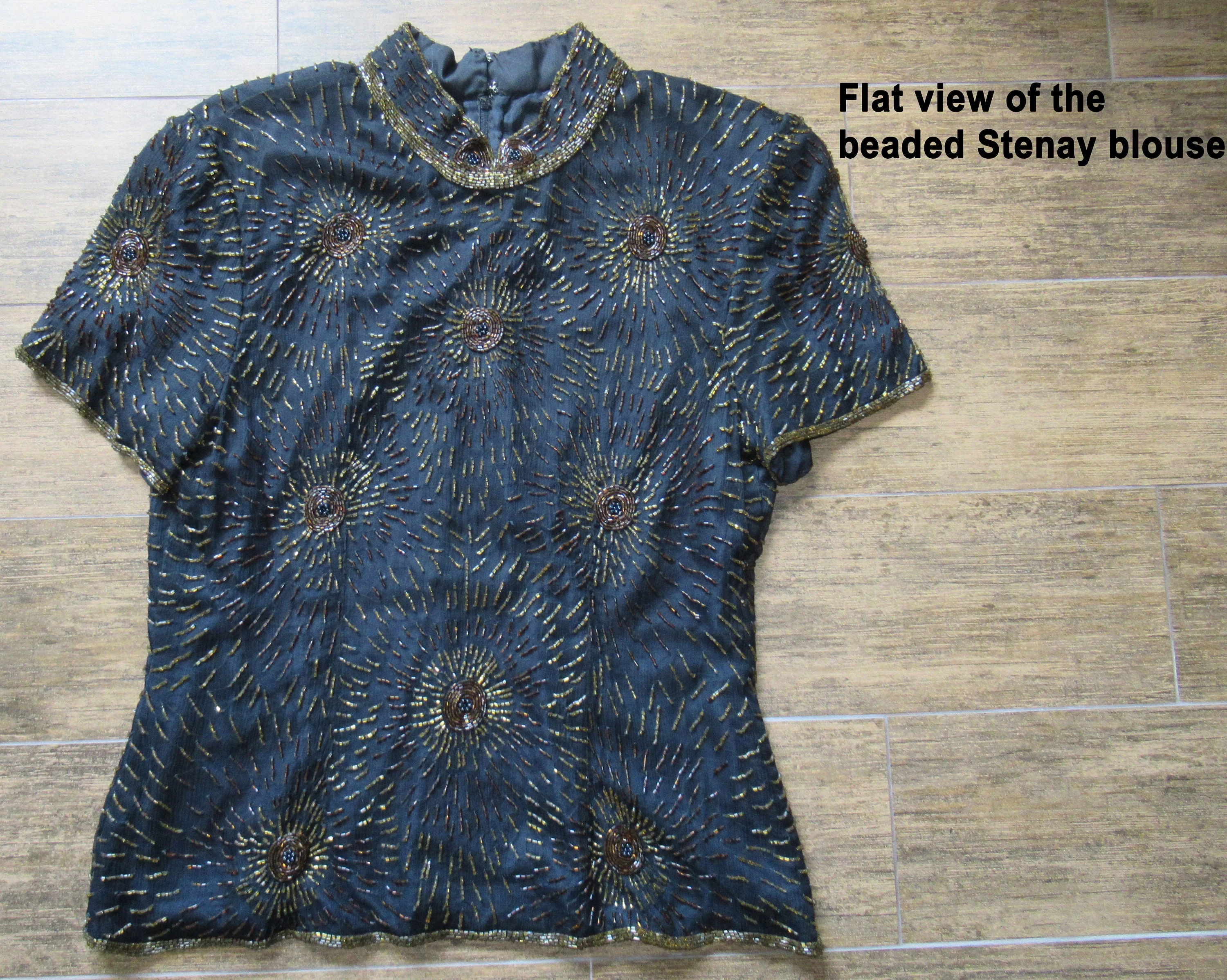 39 Bust Beaded Blouse Made In India, Stenay, Copper Beads On Black Silk, Lined with Black Polyester, Back Zip, Band-Collar, Short Sleeve - Image 8