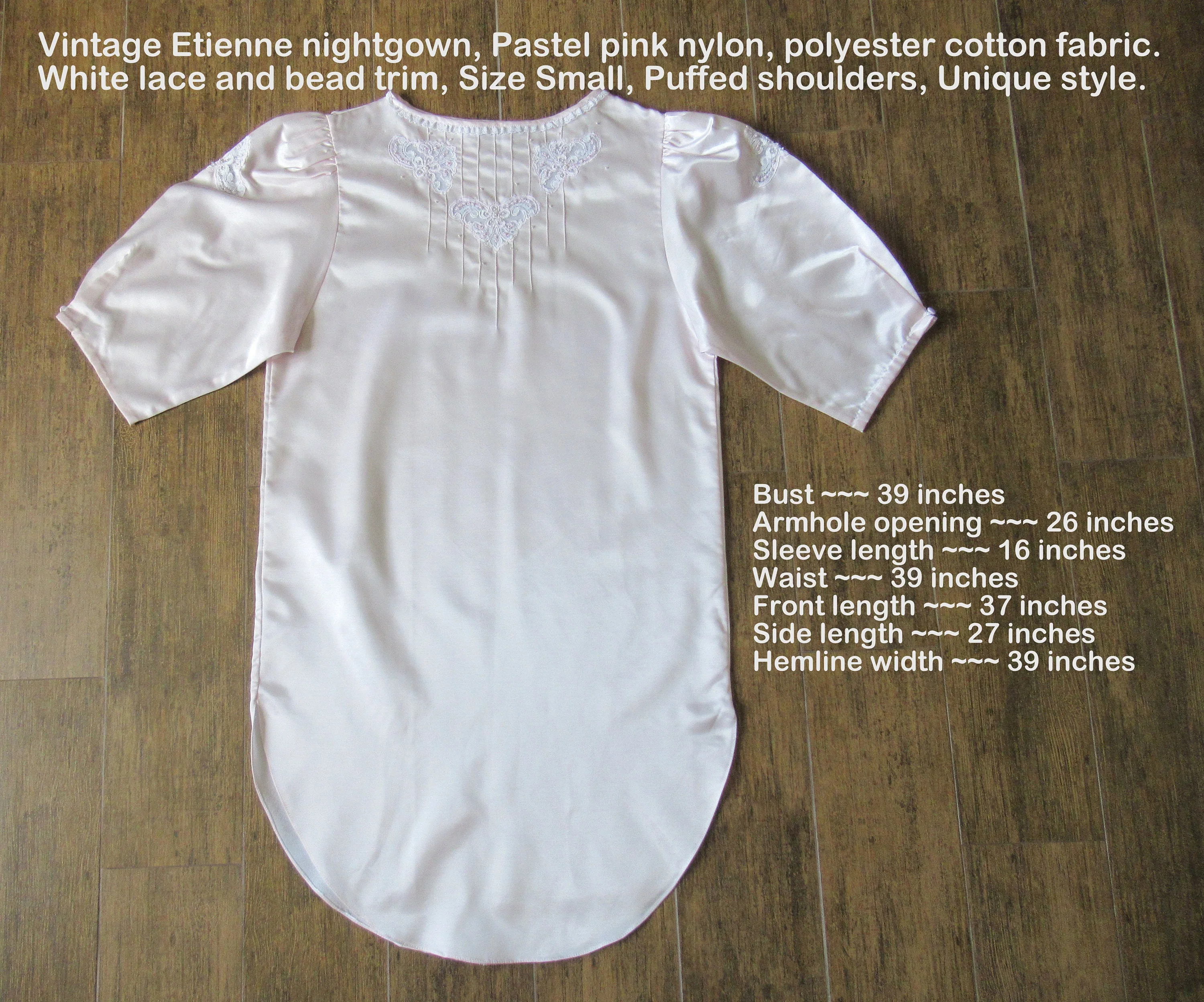 39 Bust Nightgown Polyester and Cotton Mix Fabric Pastel Pink Nylon White Lace Bead Trim, Sz Small, Puffed Shoulders, Unique Style by Etienne - Image 2