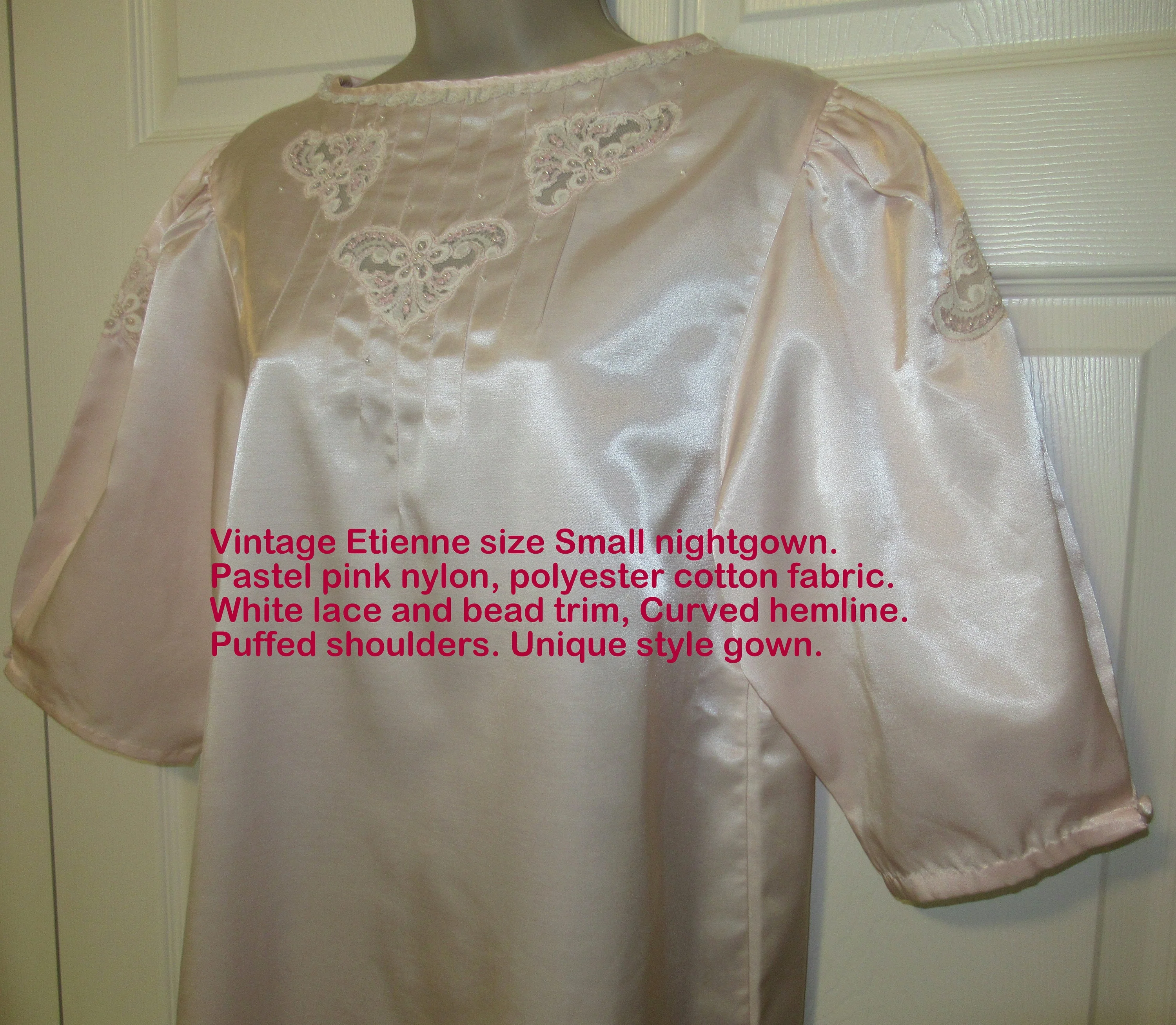 39 Bust Nightgown Polyester and Cotton Mix Fabric Pastel Pink Nylon White Lace Bead Trim, Sz Small, Puffed Shoulders, Unique Style by Etienne - Image 3