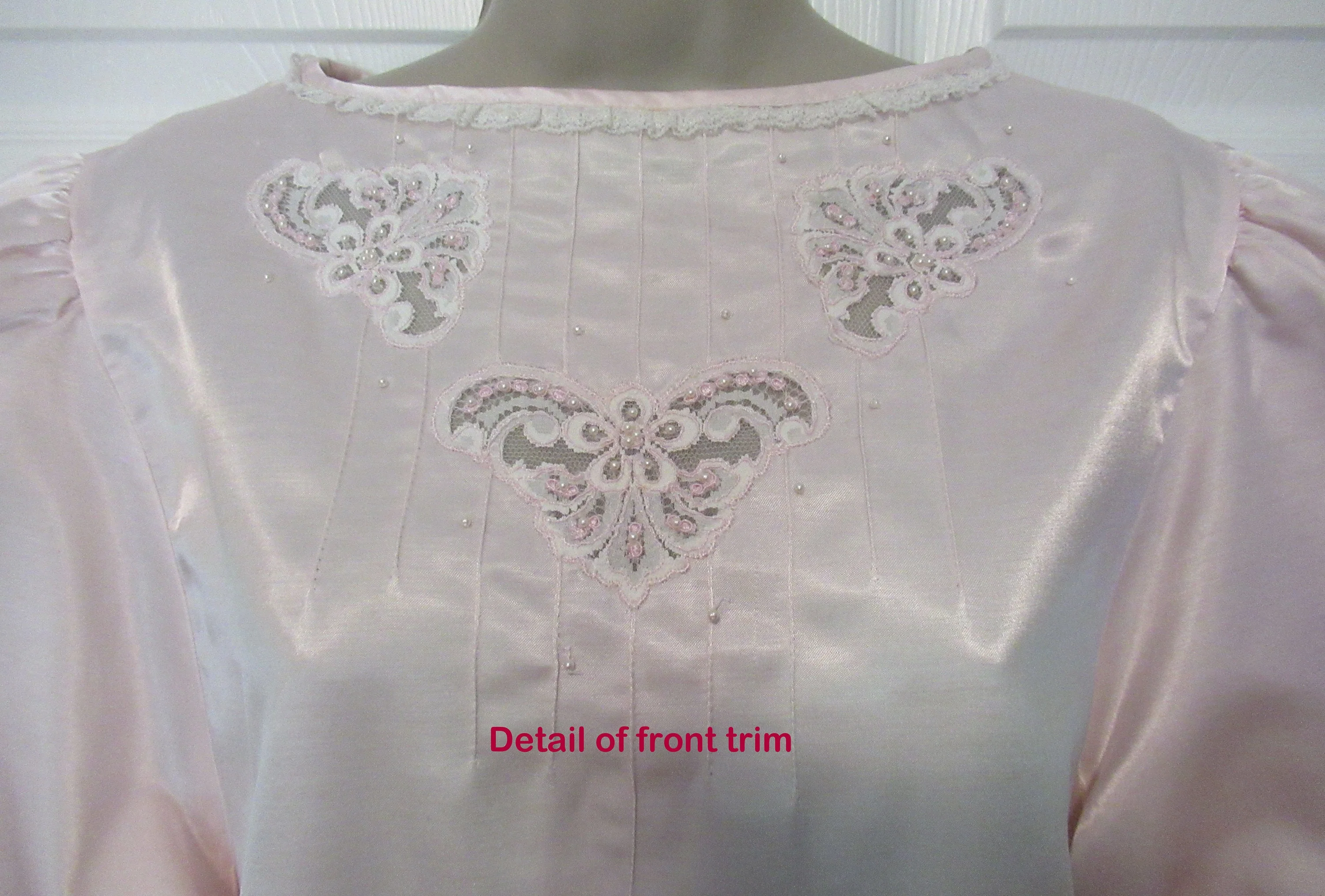 39 Bust Nightgown Polyester and Cotton Mix Fabric Pastel Pink Nylon White Lace Bead Trim, Sz Small, Puffed Shoulders, Unique Style by Etienne - Image 7