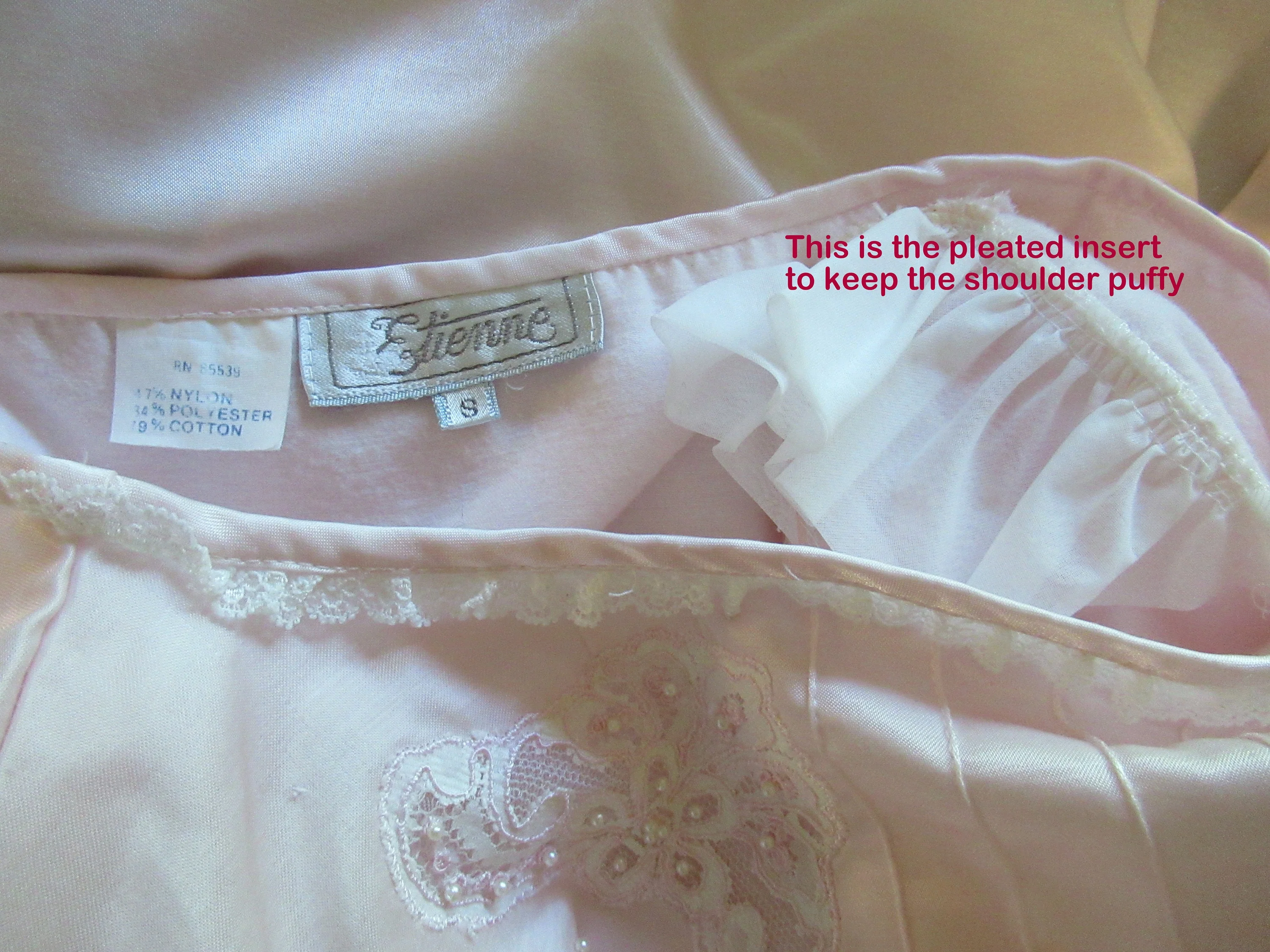 39 Bust Nightgown Polyester and Cotton Mix Fabric Pastel Pink Nylon White Lace Bead Trim, Sz Small, Puffed Shoulders, Unique Style by Etienne - Image 9