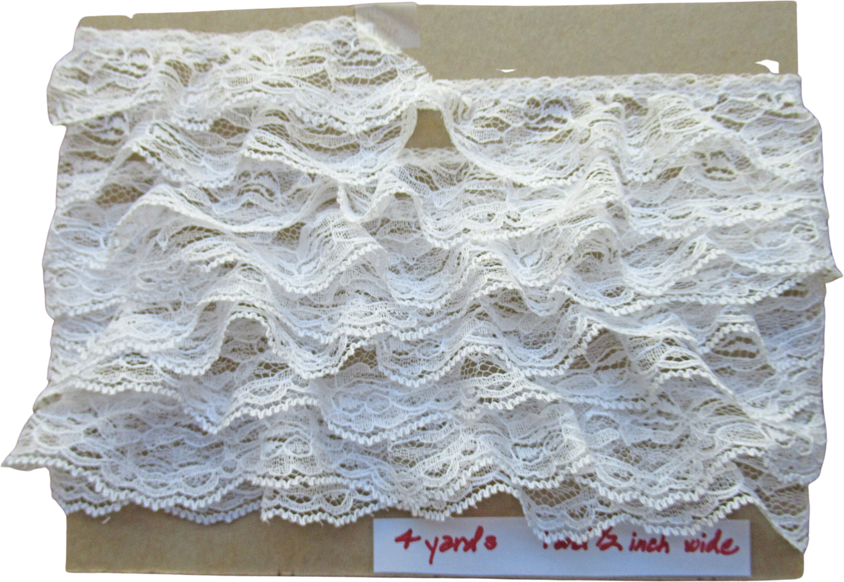 4 Yards Softly Ruffled Lace Sheer 1 and 1/2 Inch Wide White Lace Trim, Uncut Piece, Scalloped Edge, Use for Lingerie, Dresses, Crafts, Vtg