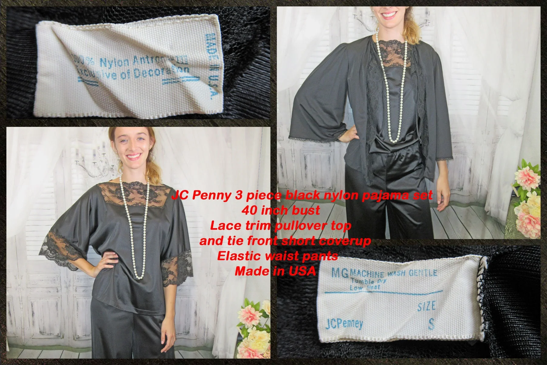 40 Bust 3 Piece Pajama Set Lace Trim Pullover Top and Tie Front Short Jacket, Elastic Waist Pants, Black Nylon, Jc Penny, Made In Usa Vtg - Image 3