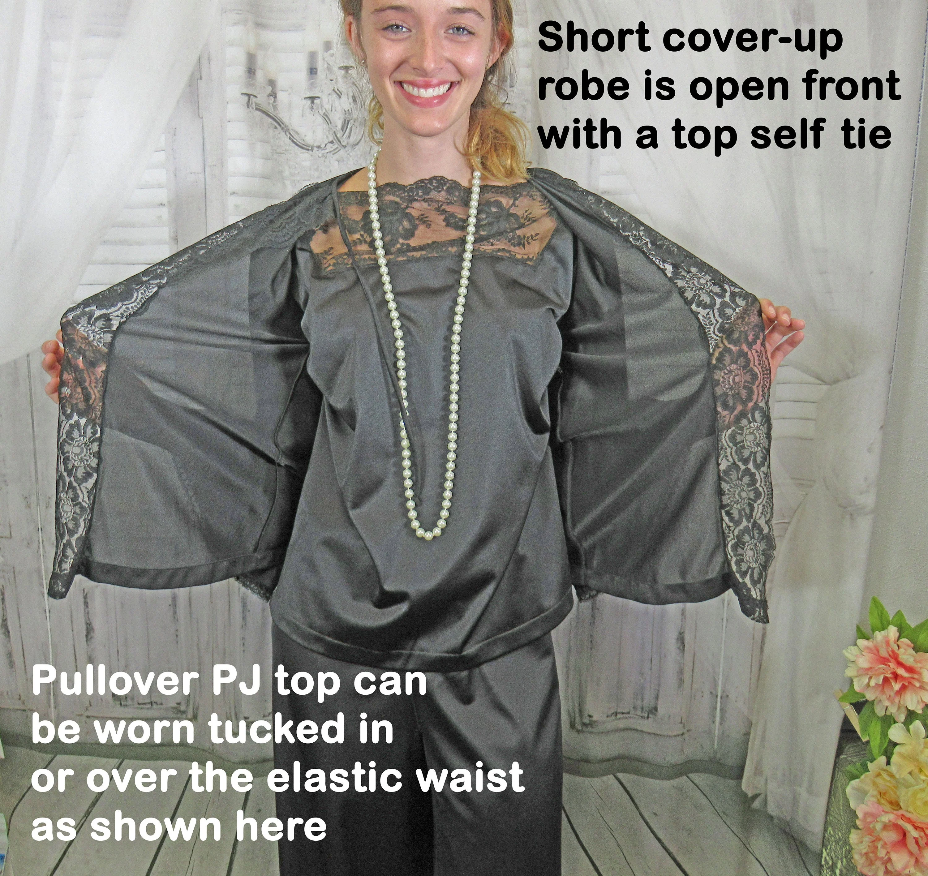 40 Bust 3 Piece Pajama Set Lace Trim Pullover Top and Tie Front Short Jacket, Elastic Waist Pants, Black Nylon, Jc Penny, Made In Usa Vtg - Image 4