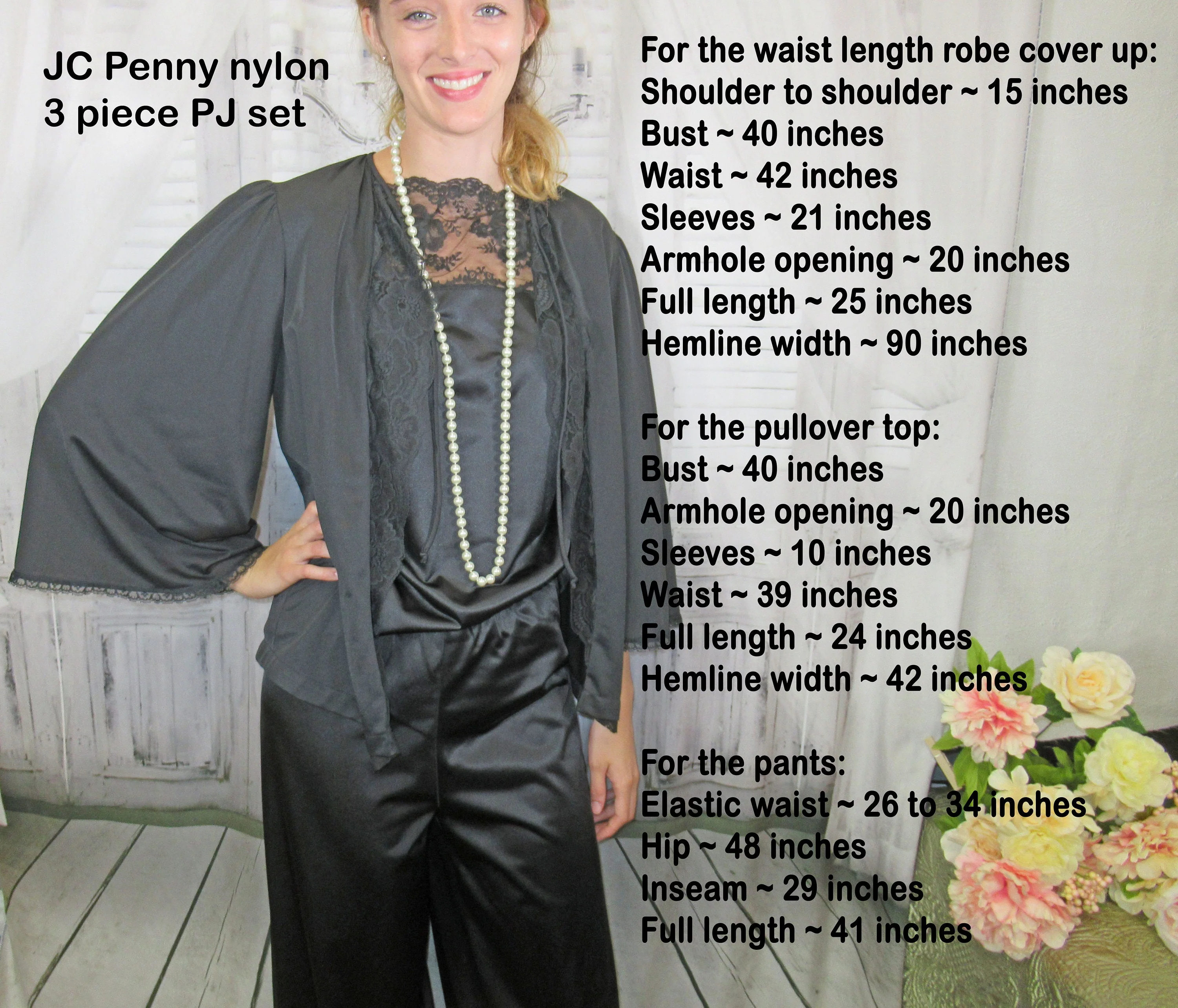 40 Bust 3 Piece Pajama Set Lace Trim Pullover Top and Tie Front Short Jacket, Elastic Waist Pants, Black Nylon, Jc Penny, Made In Usa Vtg - Image 5