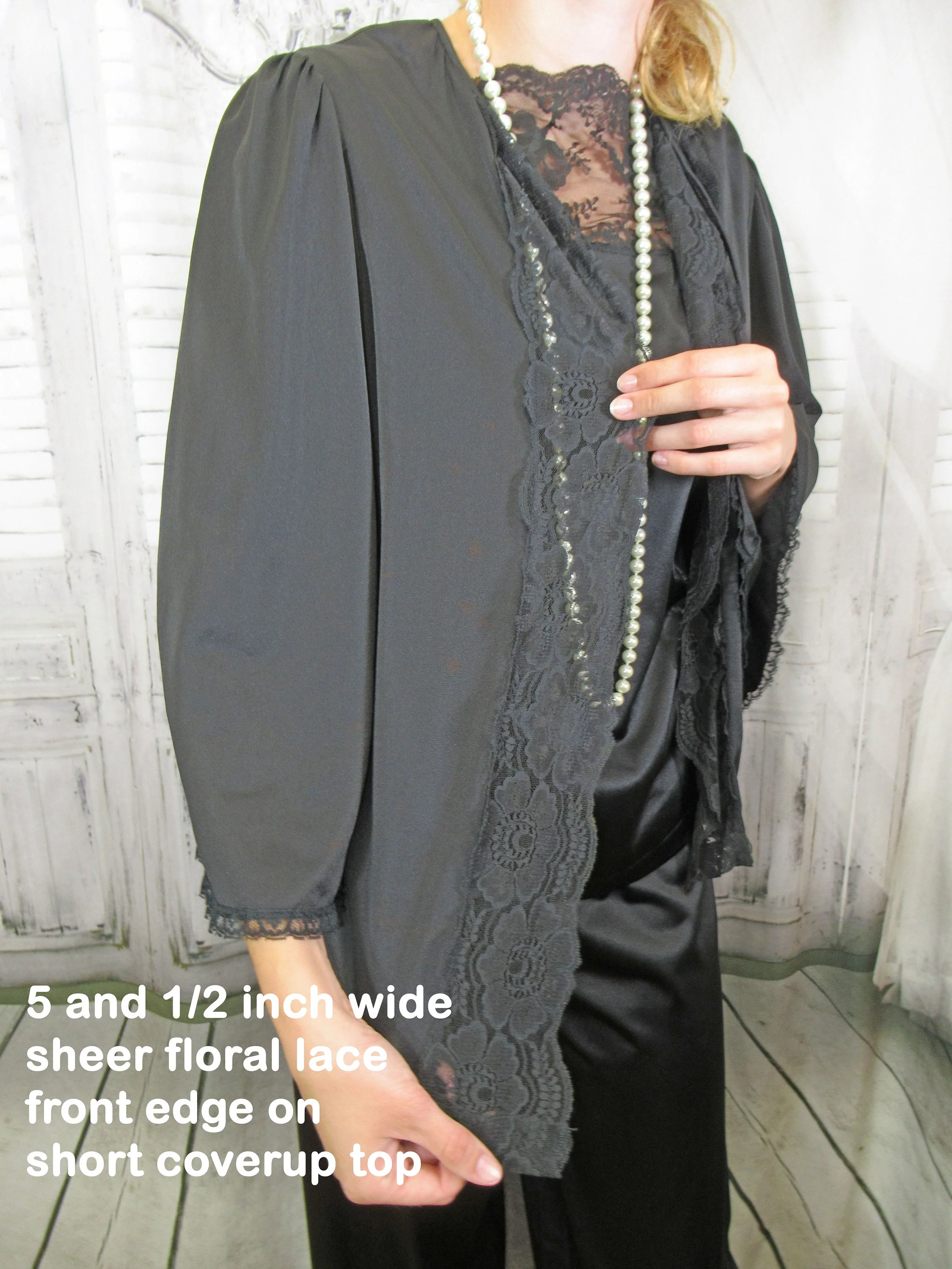 40 Bust 3 Piece Pajama Set Lace Trim Pullover Top and Tie Front Short Jacket, Elastic Waist Pants, Black Nylon, Jc Penny, Made In Usa Vtg - Image 6