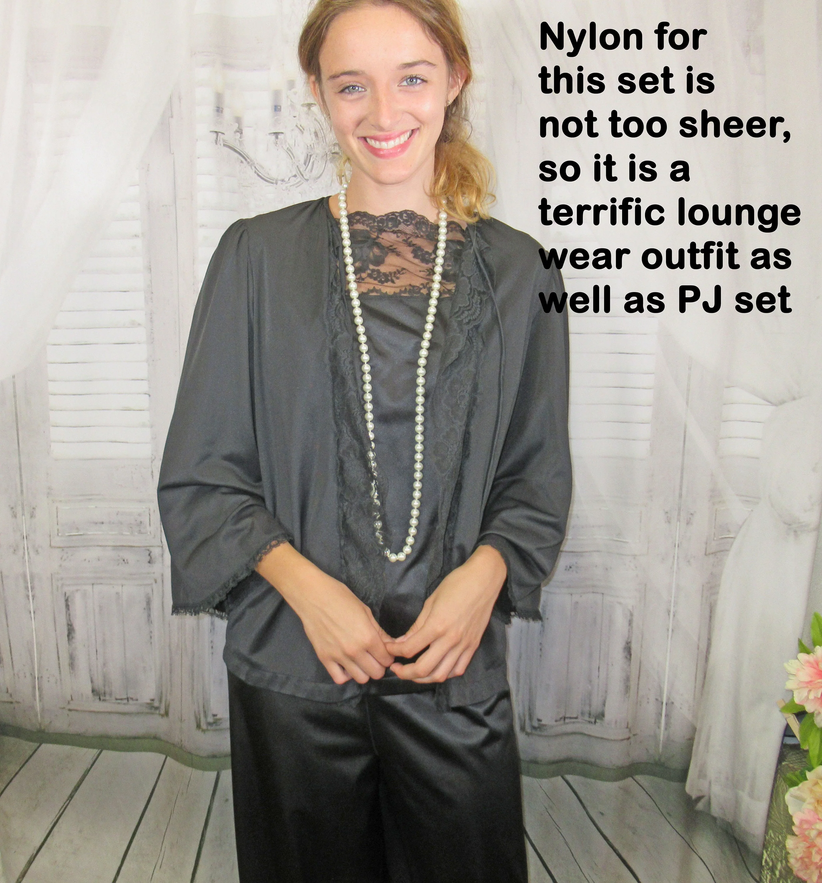 40 Bust 3 Piece Pajama Set Lace Trim Pullover Top and Tie Front Short Jacket, Elastic Waist Pants, Black Nylon, Jc Penny, Made In Usa Vtg - Image 7