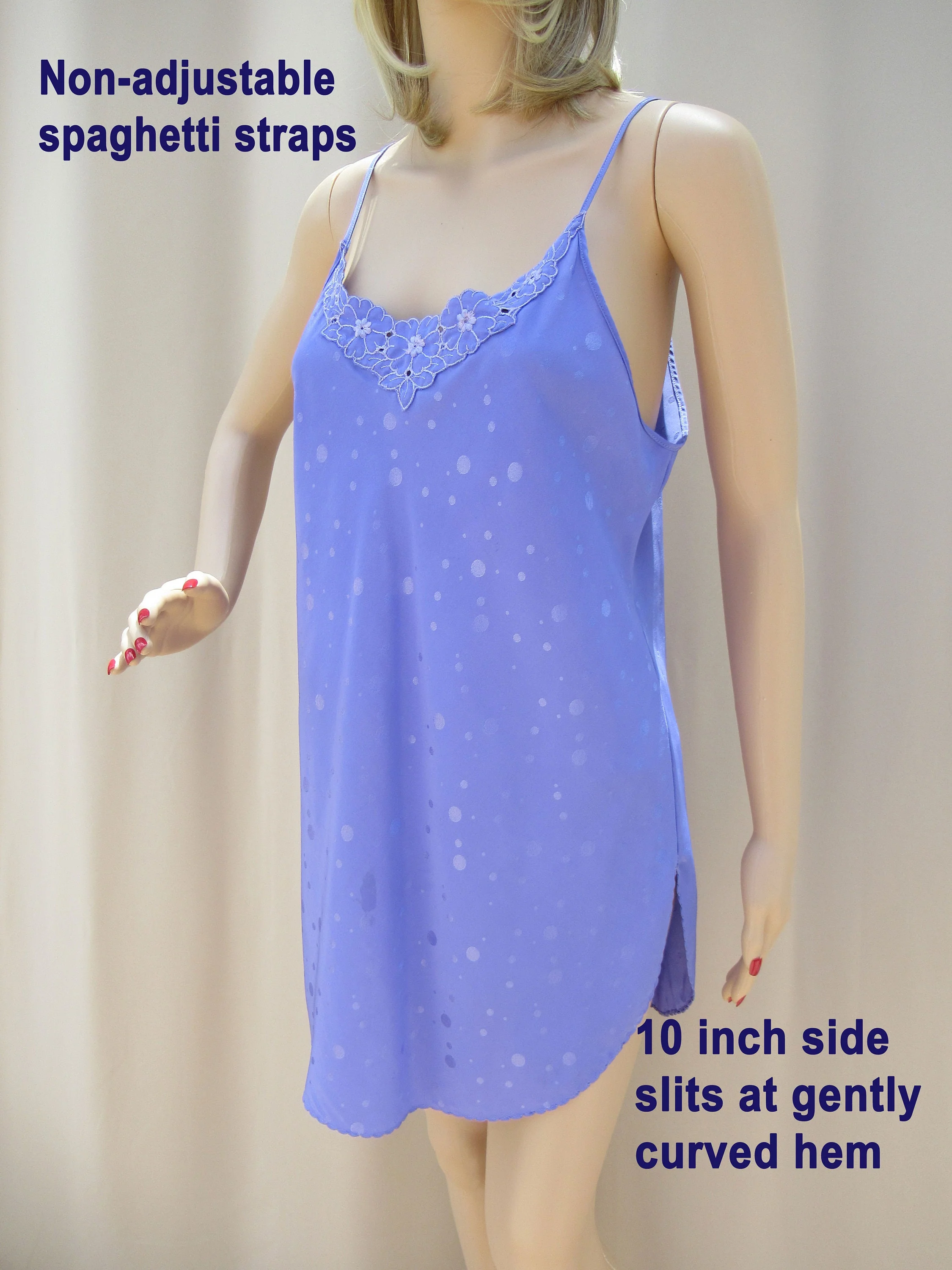 40 Bust Babydoll Gown Low V Applique Trim Bodice Purple Polyester, Spaghetti Strap, Made In Usa, Union Label by Ralph Montenero for Blanche - Image 2