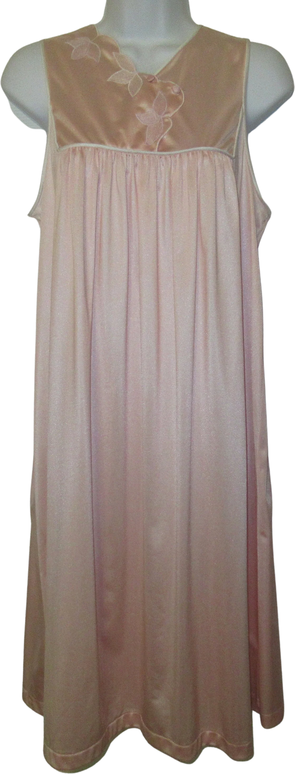 40 Bust Nightgown Embroidery Trim Yoke Knee Length, Pastel Pink Nylon Vintage Sz Med, Sleeveless, A-Line Classic, Made In Usa by Vanity Fair