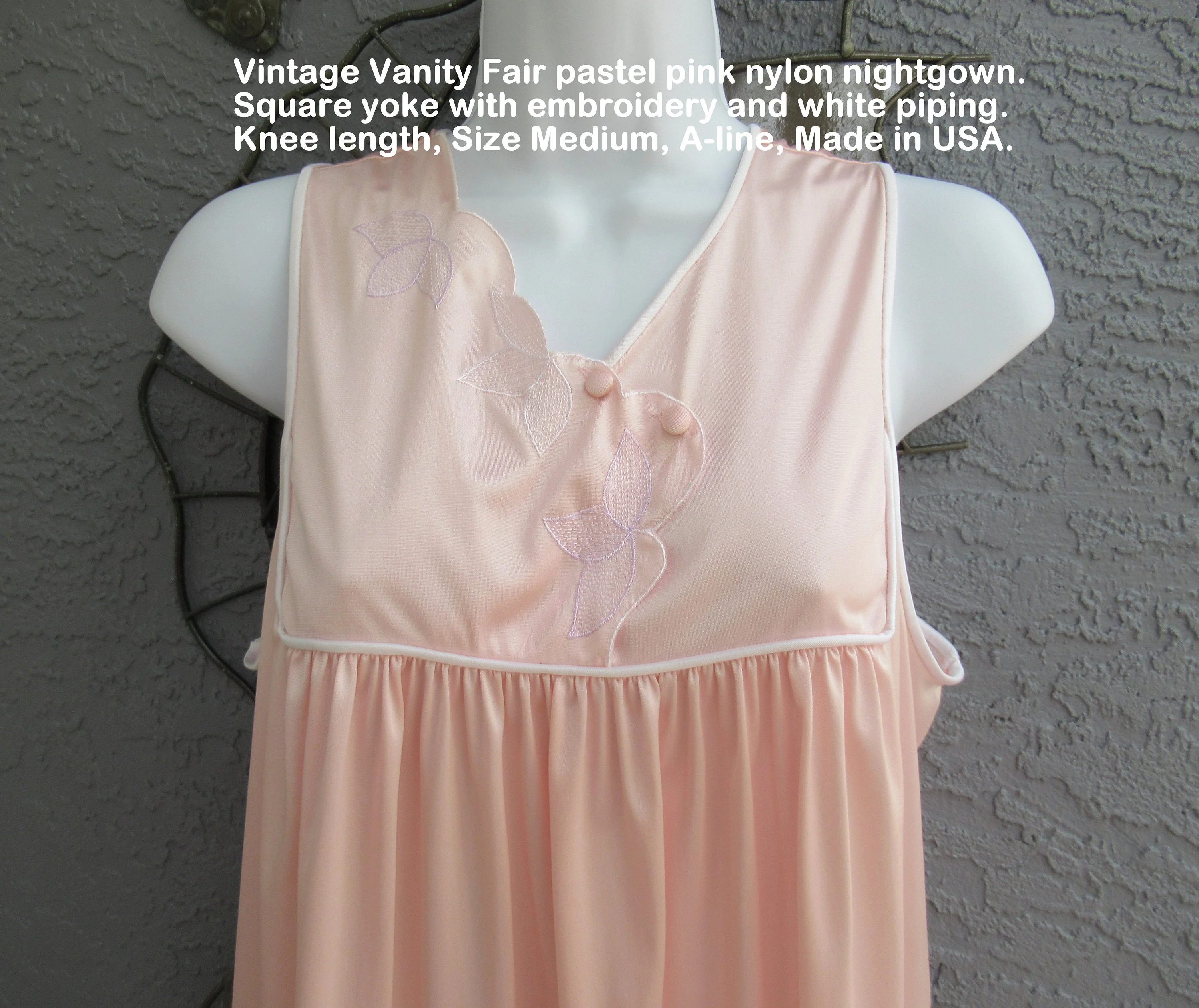 40 Bust Nightgown Embroidery Trim Yoke Knee Length, Pastel Pink Nylon Vintage Sz Med, Sleeveless, A-Line Classic, Made In Usa by Vanity Fair - Image 2