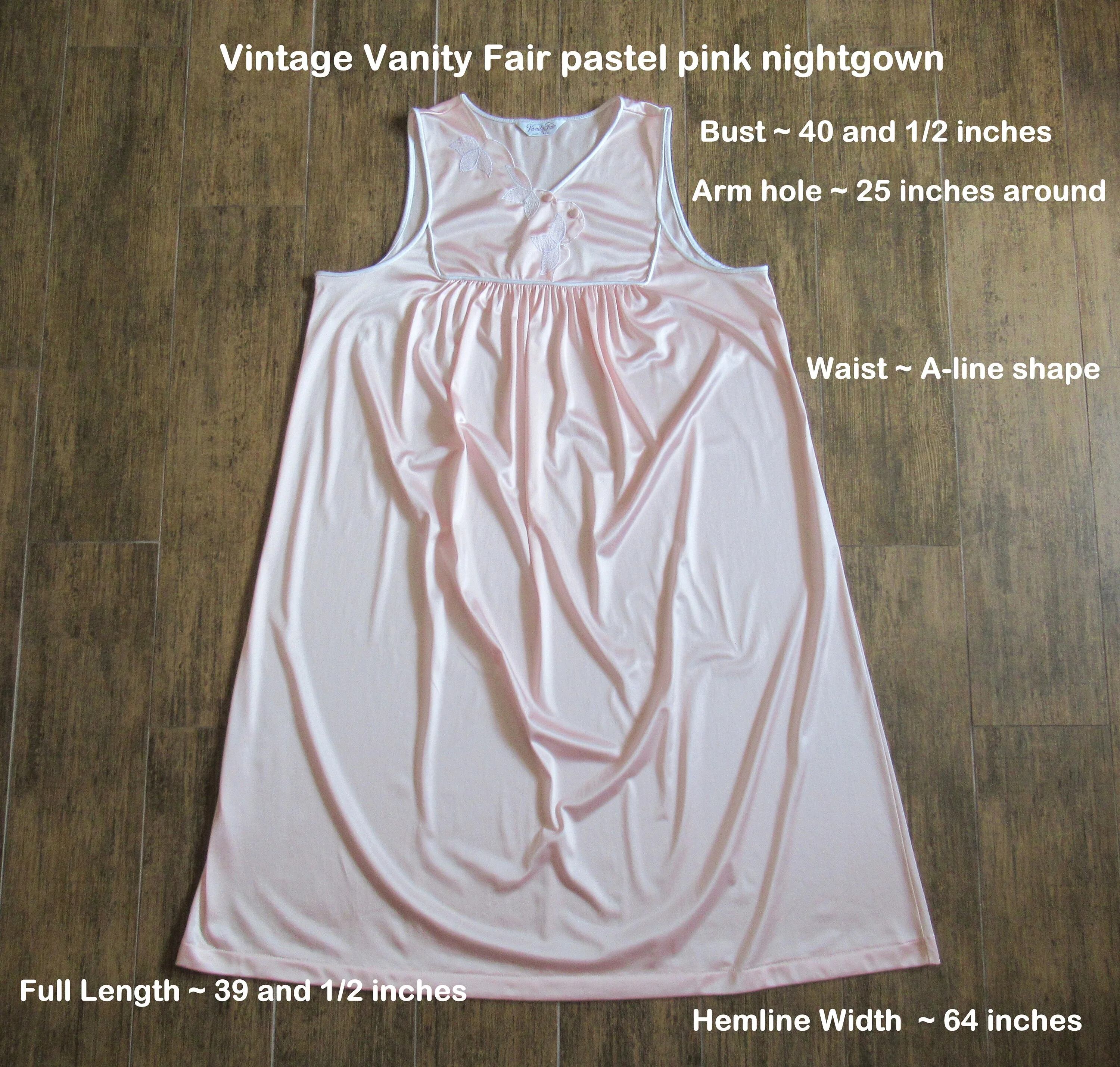 40 Bust Nightgown Embroidery Trim Yoke Knee Length, Pastel Pink Nylon Vintage Sz Med, Sleeveless, A-Line Classic, Made In Usa by Vanity Fair - Image 5