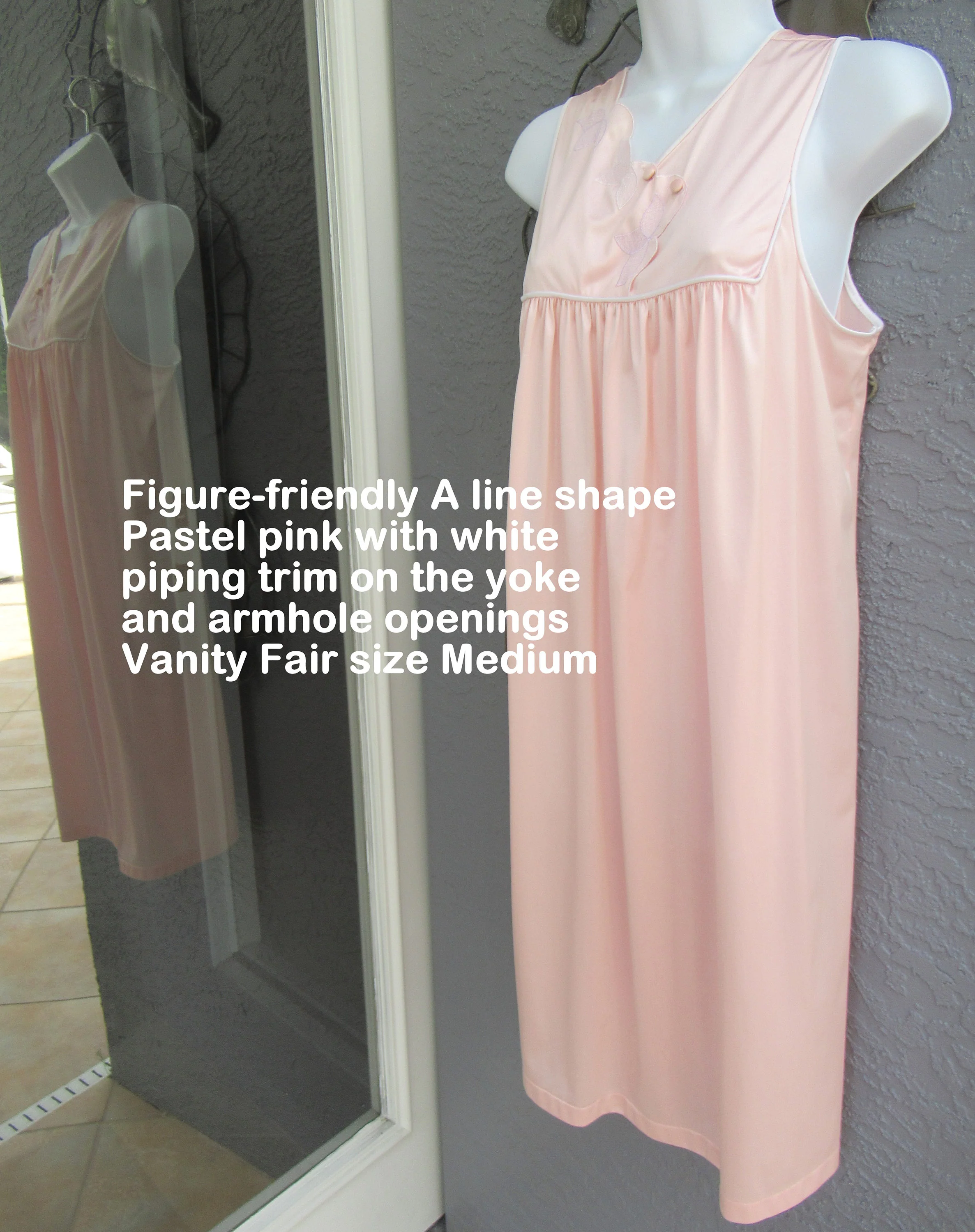 40 Bust Nightgown Embroidery Trim Yoke Knee Length, Pastel Pink Nylon Vintage Sz Med, Sleeveless, A-Line Classic, Made In Usa by Vanity Fair - Image 6