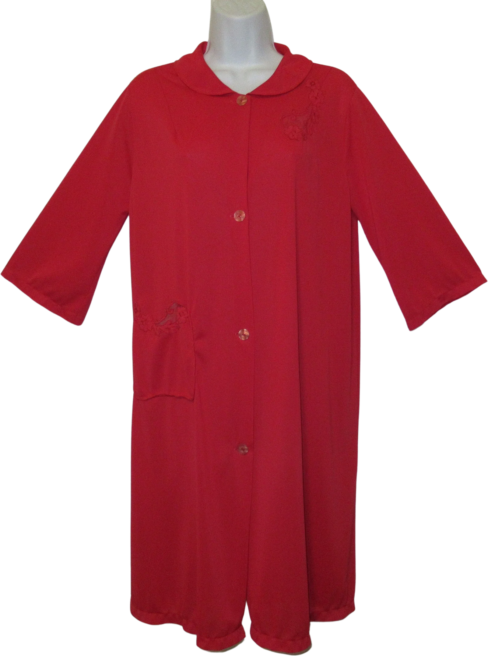 40 Bust Sz Med Robe Quality Lingerie Logo Red Nylon Quarter Length Sleeve Peter Pan Collar Floral Lace Button Front and Pocket Made In Usa by Lorraine