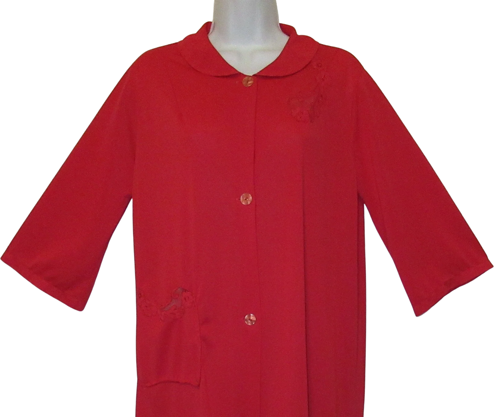 40 Bust Sz Med Robe Quality Lingerie Logo Red Nylon Quarter Length Sleeve Peter Pan Collar Floral Lace Button Front and Pocket Made In Usa by Lorraine - Image 2