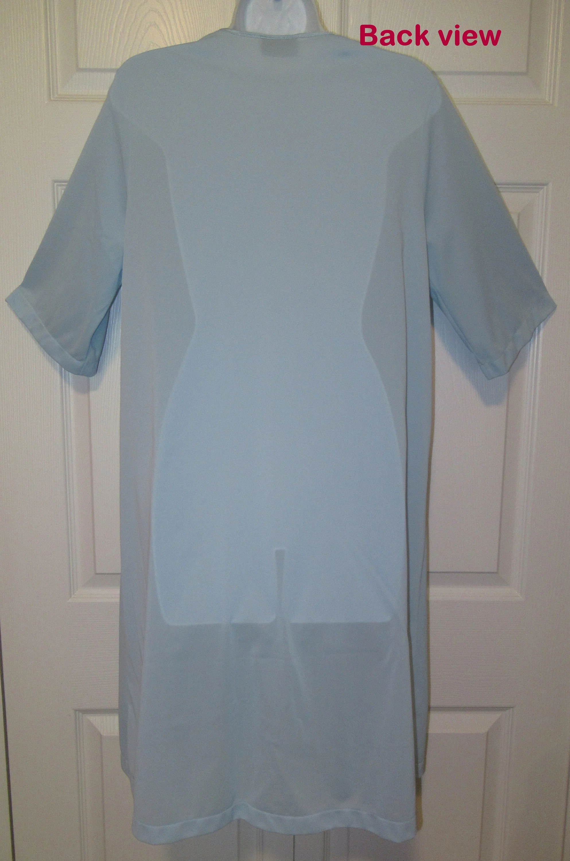 40 Bust Vassarette Robe Elbow Length Sleeve, Button Front, V-Neck, Floral Applique Trim, Pastel Blue Nylon, Sz Medium, Made In Usa, Vtg - Image 10