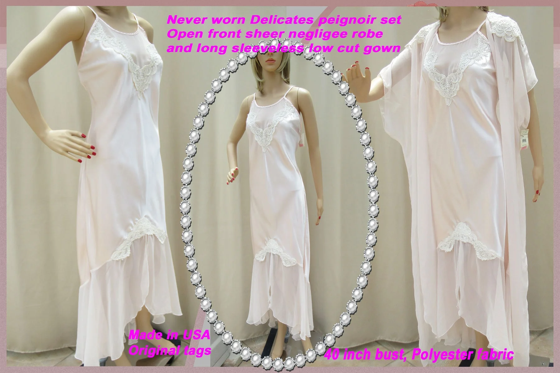 40 Inch Bust Robe and Nightgown Set Never Worn Delicates, Pink Open Front Sheer Robe, Long Gown, Polyester/lace, Made Usa, Original Paper Tag - Image 2