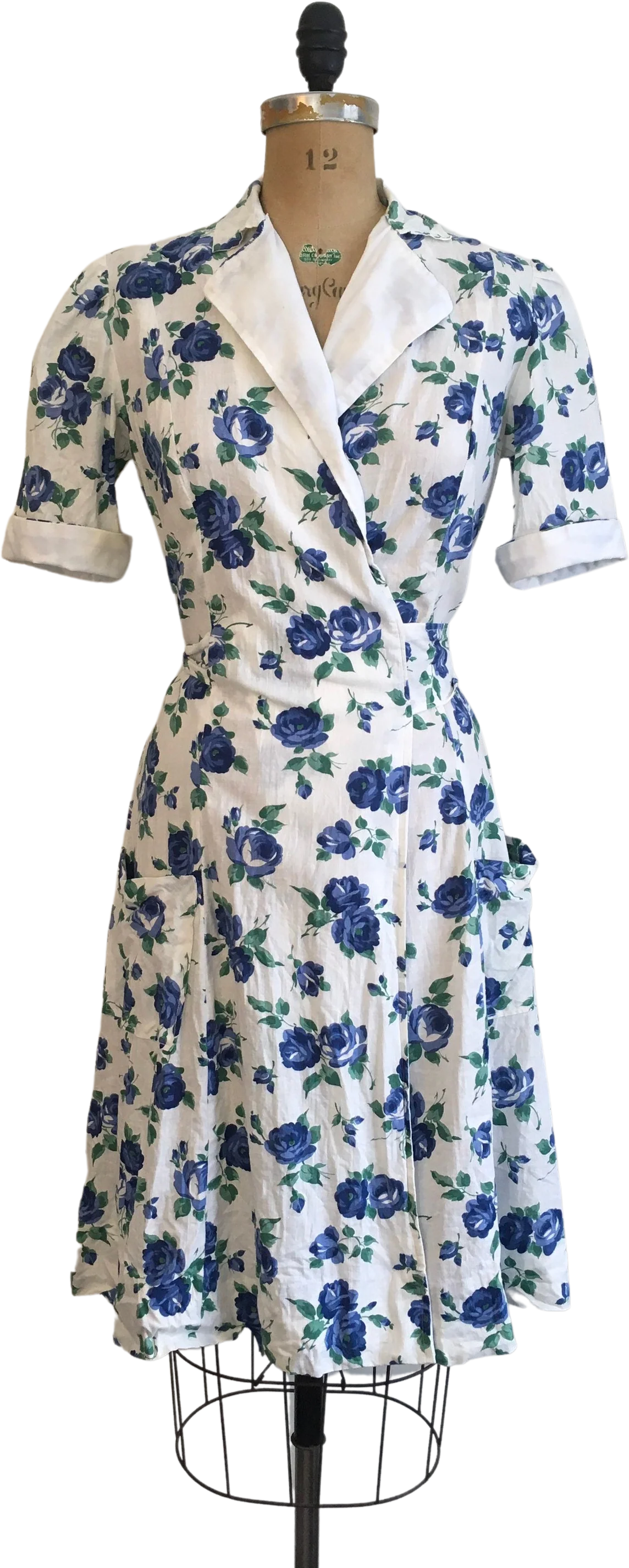 40’s-50’s Blue Rose Print Wrap House Dress