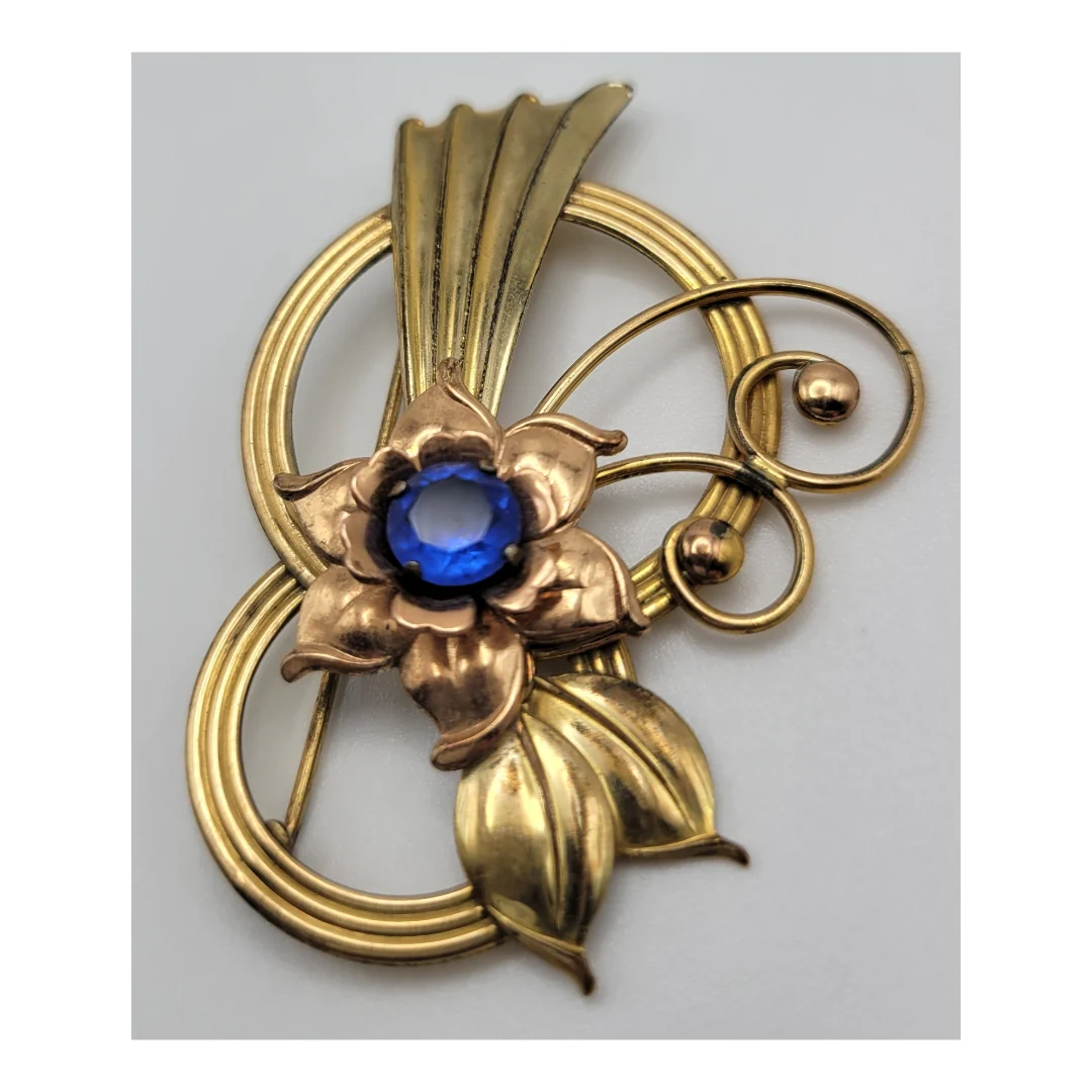 40s/50s 40s Gold Filled And Blue Stone Floral Brooch - Image 4