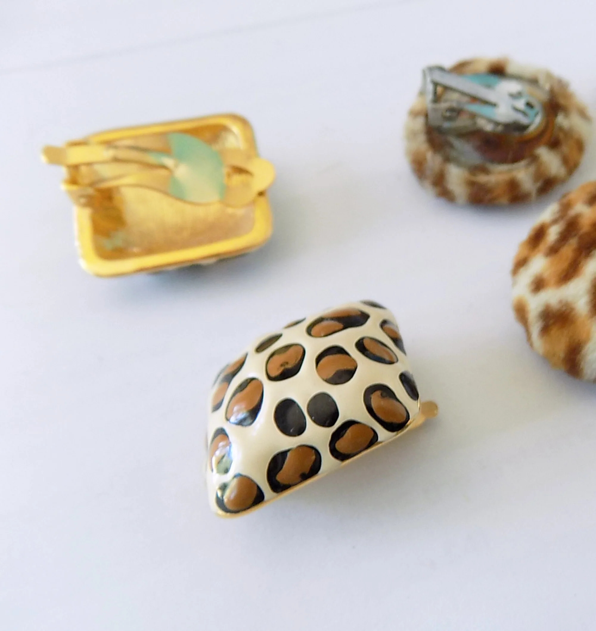 40s 50s and 80s Vintage Leopard Earrings Two Pair Are Real Fur Clip One Inch Stenciled Rabbit Enamel - Image 5