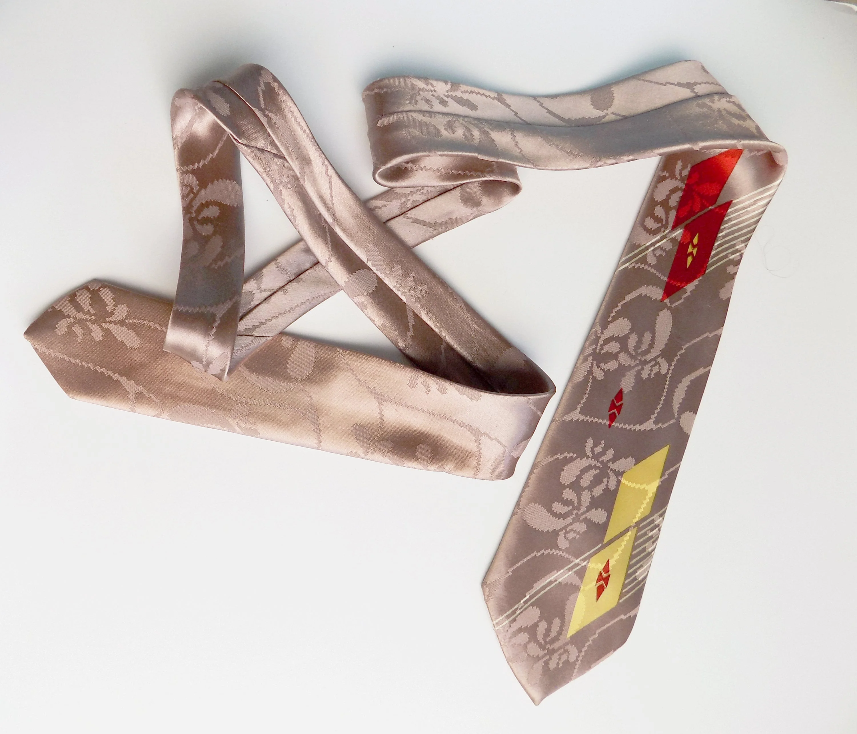 40s 50s Art Deco Satin Necktie Red Yellow Gray Lavender Silk Rayon - Image 2