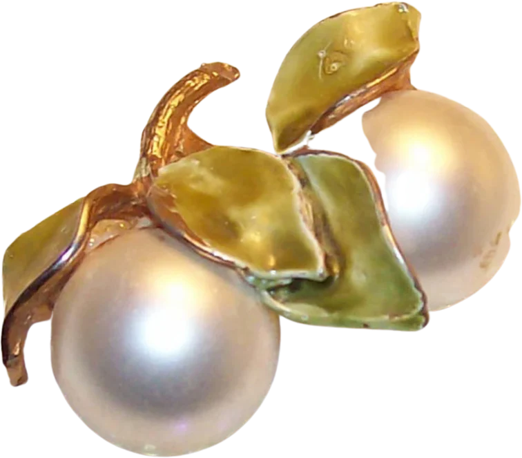 40s/50s Big Pearly Art Deco Brooch With Enameled Leaves