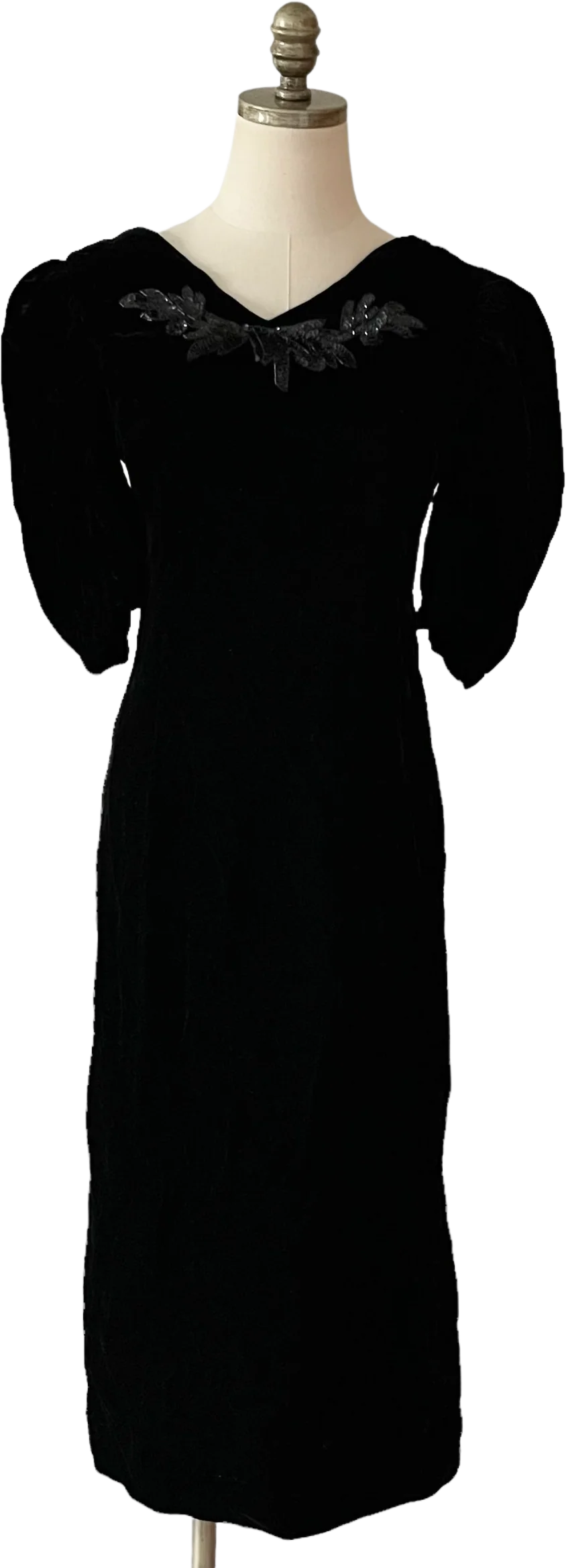 40s/50s Black Crushed Velvet Beaded Homemade Dress