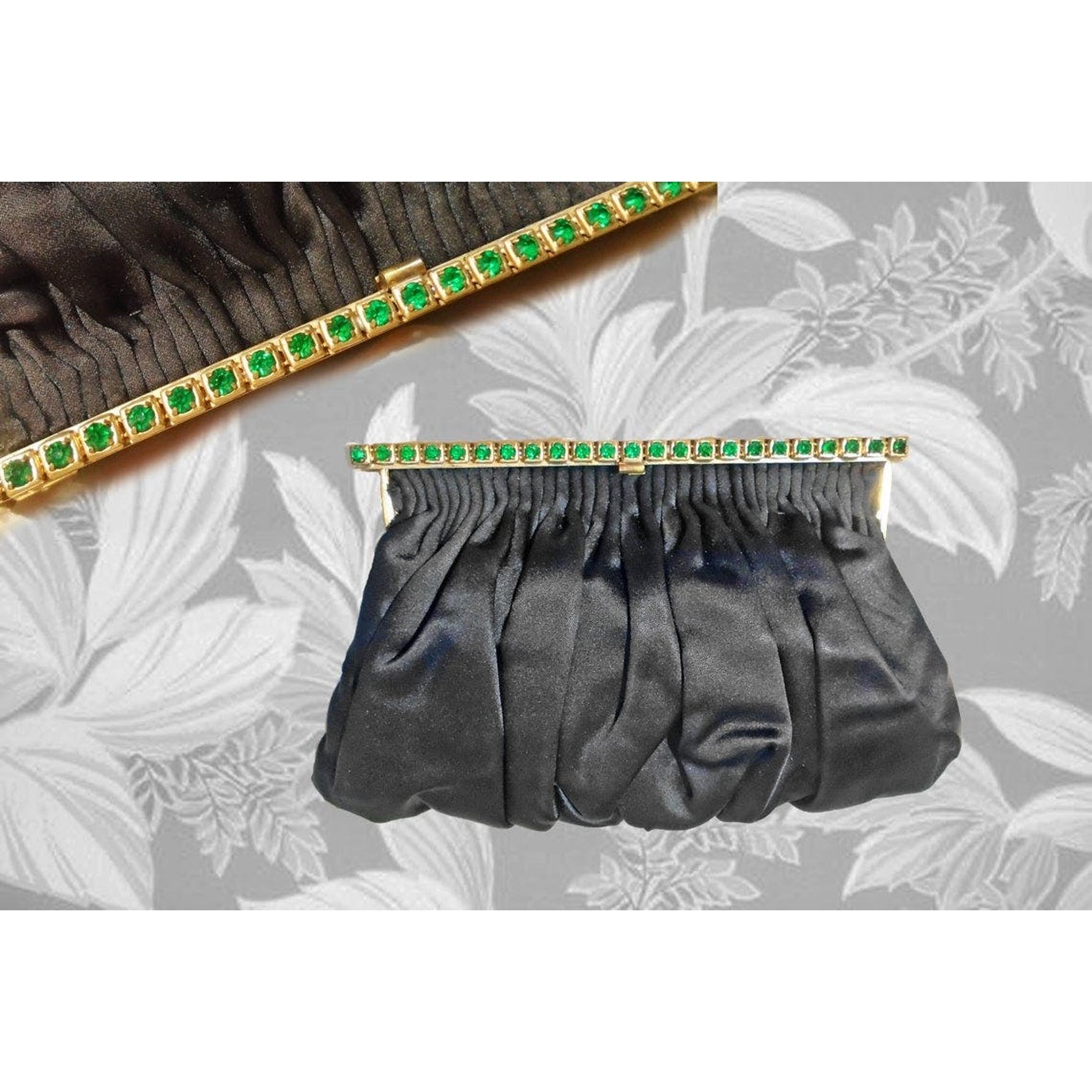 40s/50s Black Satin Emerald Evening Clutch- Small Purse - Image 3