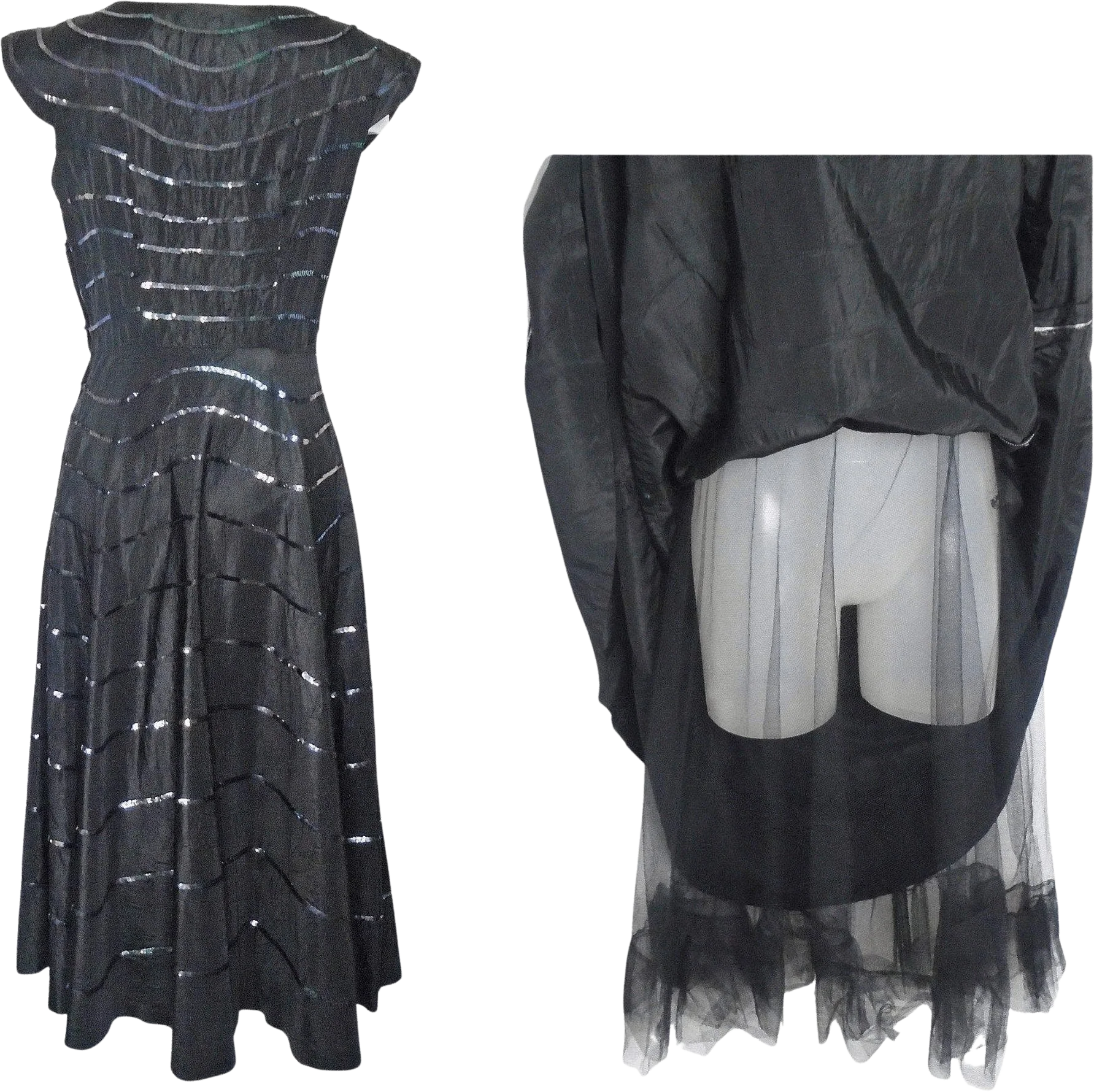40s/50s Black Taffeta Iridescent Sequin Fit Flare Dress - Image 2