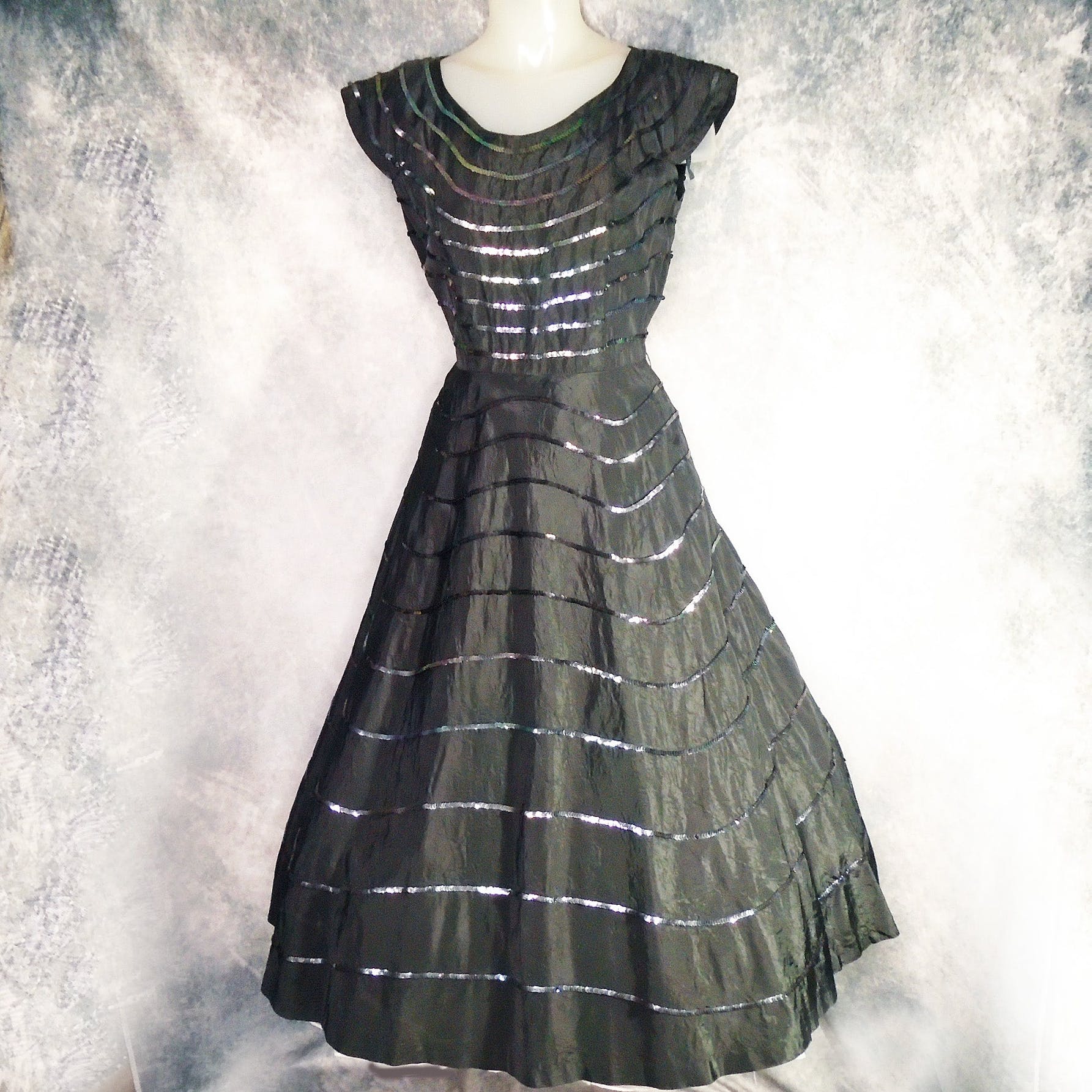 40s/50s Black Taffeta Iridescent Sequin Fit Flare Dress - Image 4