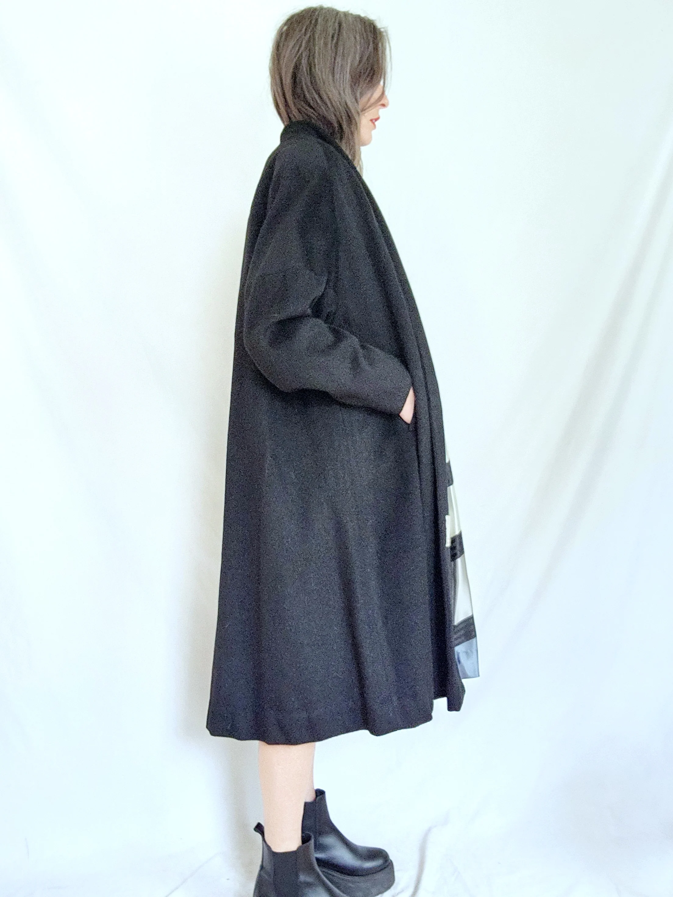 40s/50s Black Wool Swing Coat With Silky Striped Lining By Austelle - Penney's - Image 6