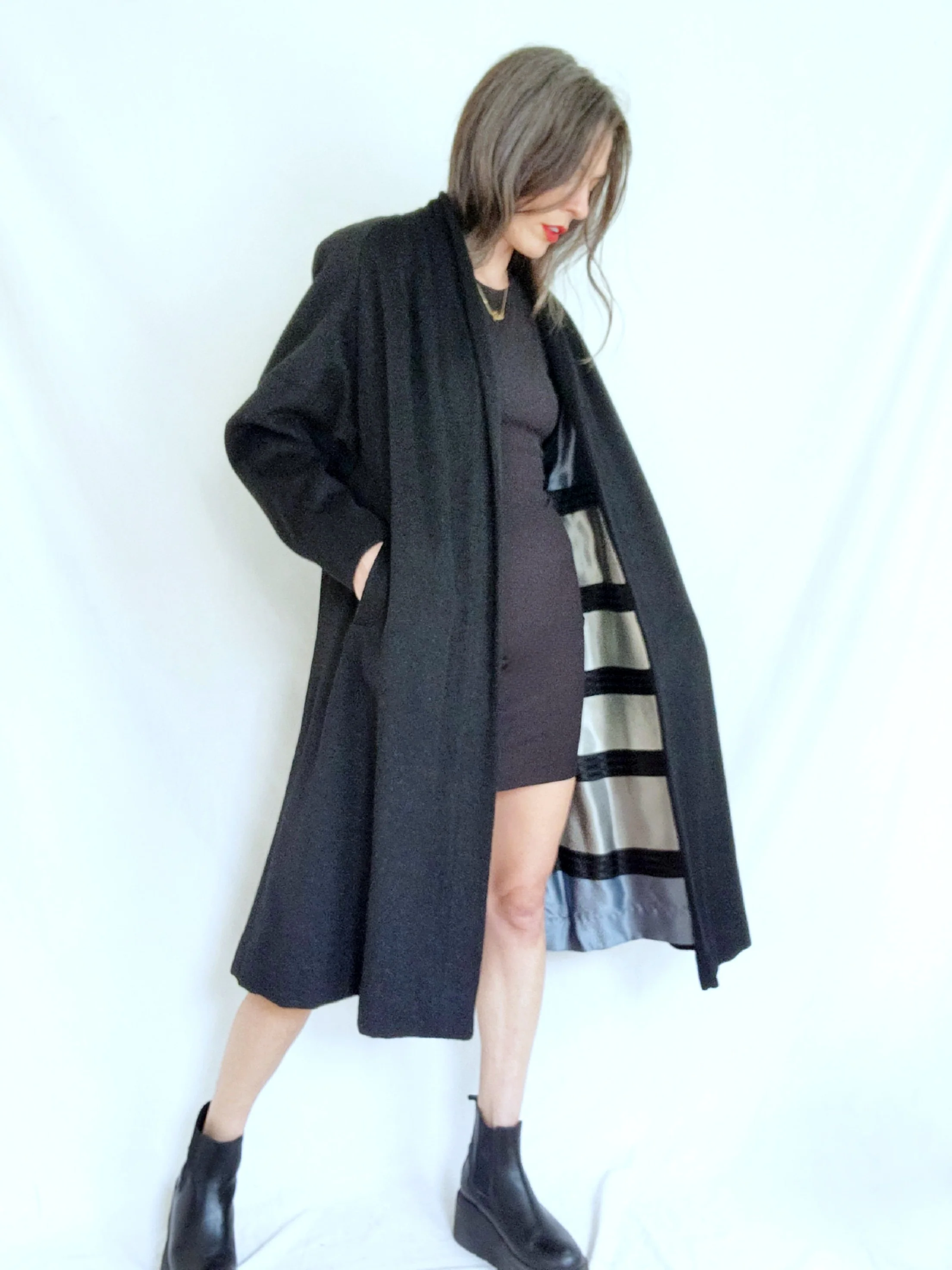 40s/50s Black Wool Swing Coat With Silky Striped Lining By Austelle - Penney's - Image 8