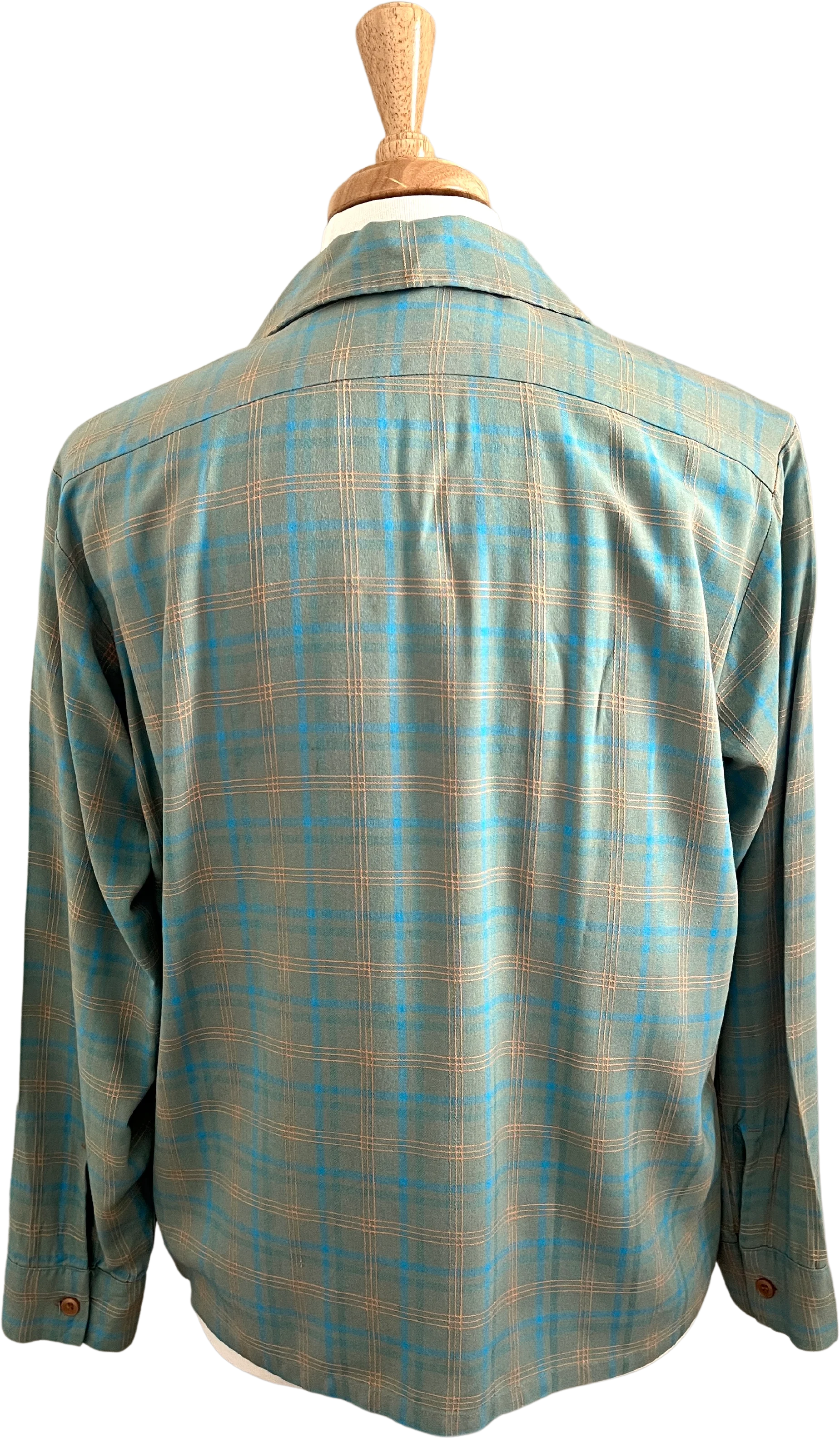 40s/50s Blue And Tan Shadow Plaid Rayon Rockabilly Shirt-l by McGregor - Image 2