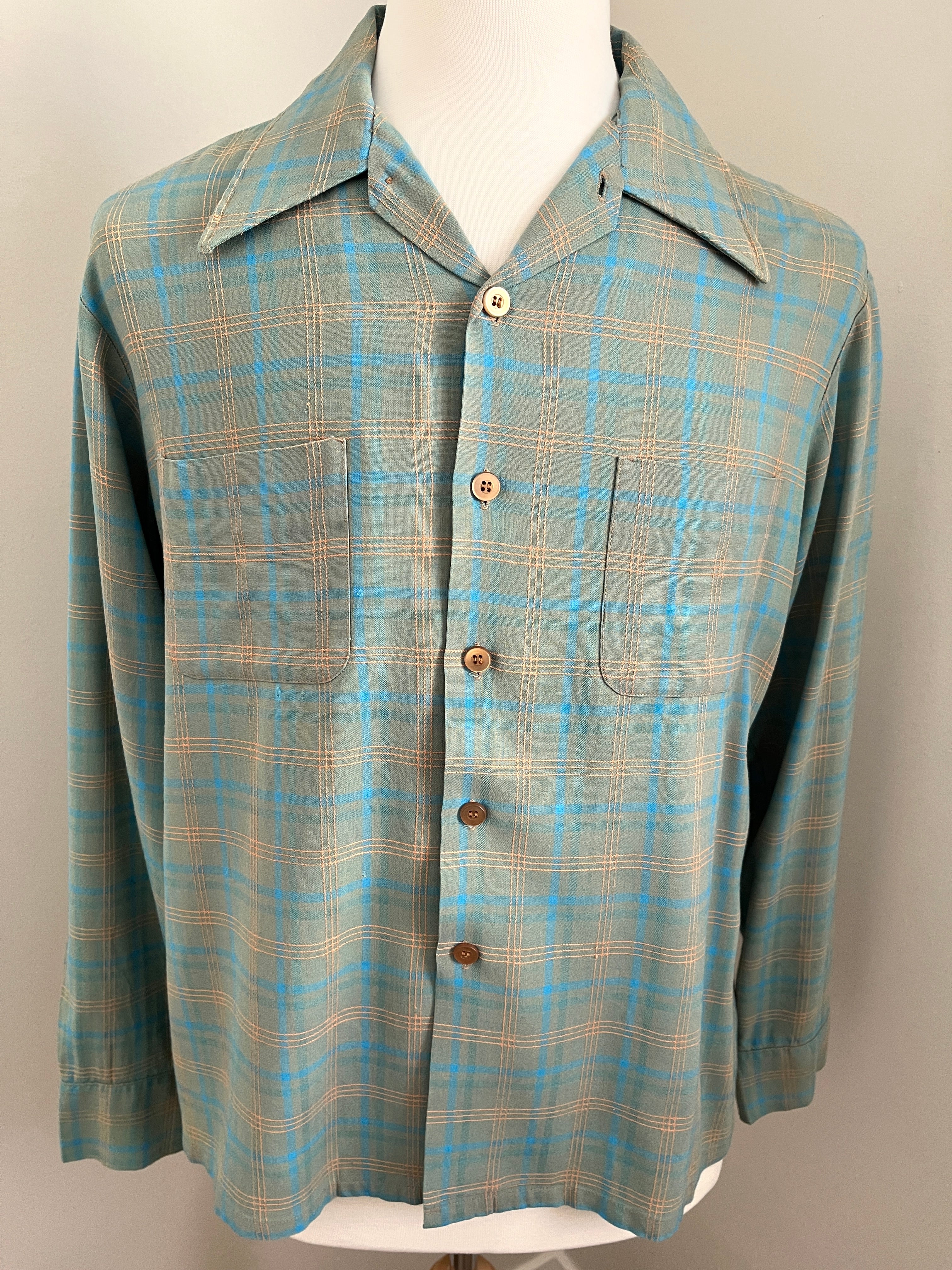 40s/50s Blue And Tan Shadow Plaid Rayon Rockabilly Shirt-l by McGregor - Image 6
