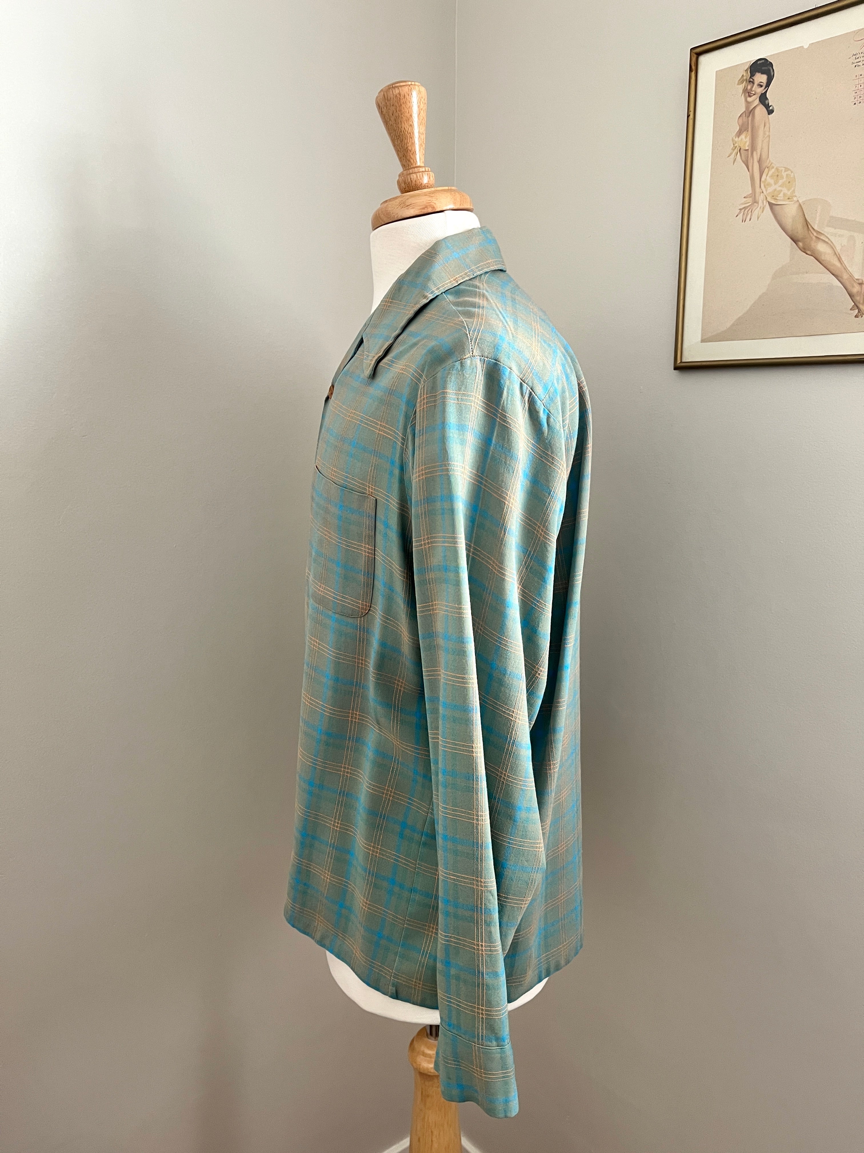 40s/50s Blue And Tan Shadow Plaid Rayon Rockabilly Shirt-l by McGregor - Image 8