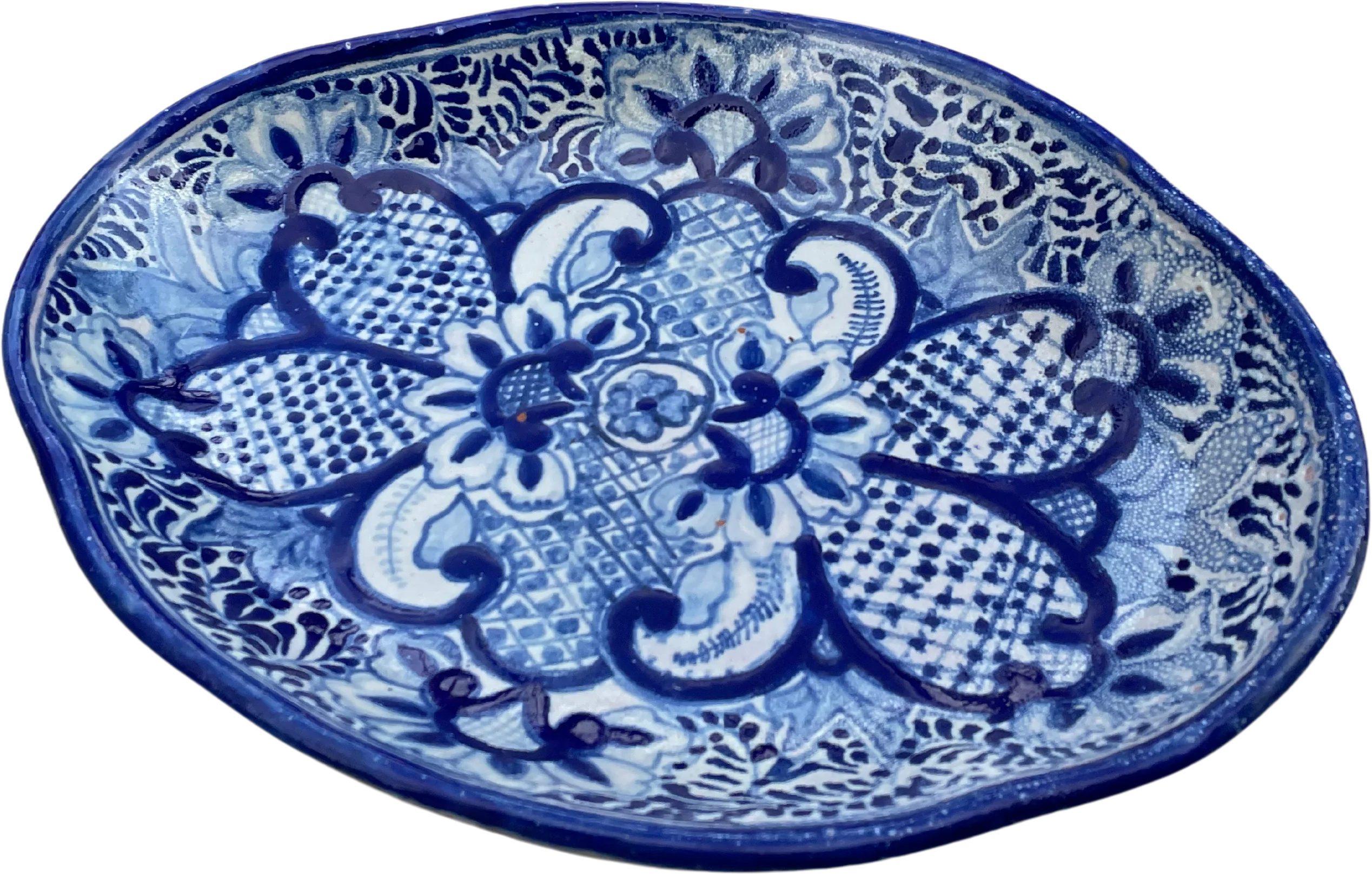 40s/50s Blue And White Painted Pottery Serving Puebla
