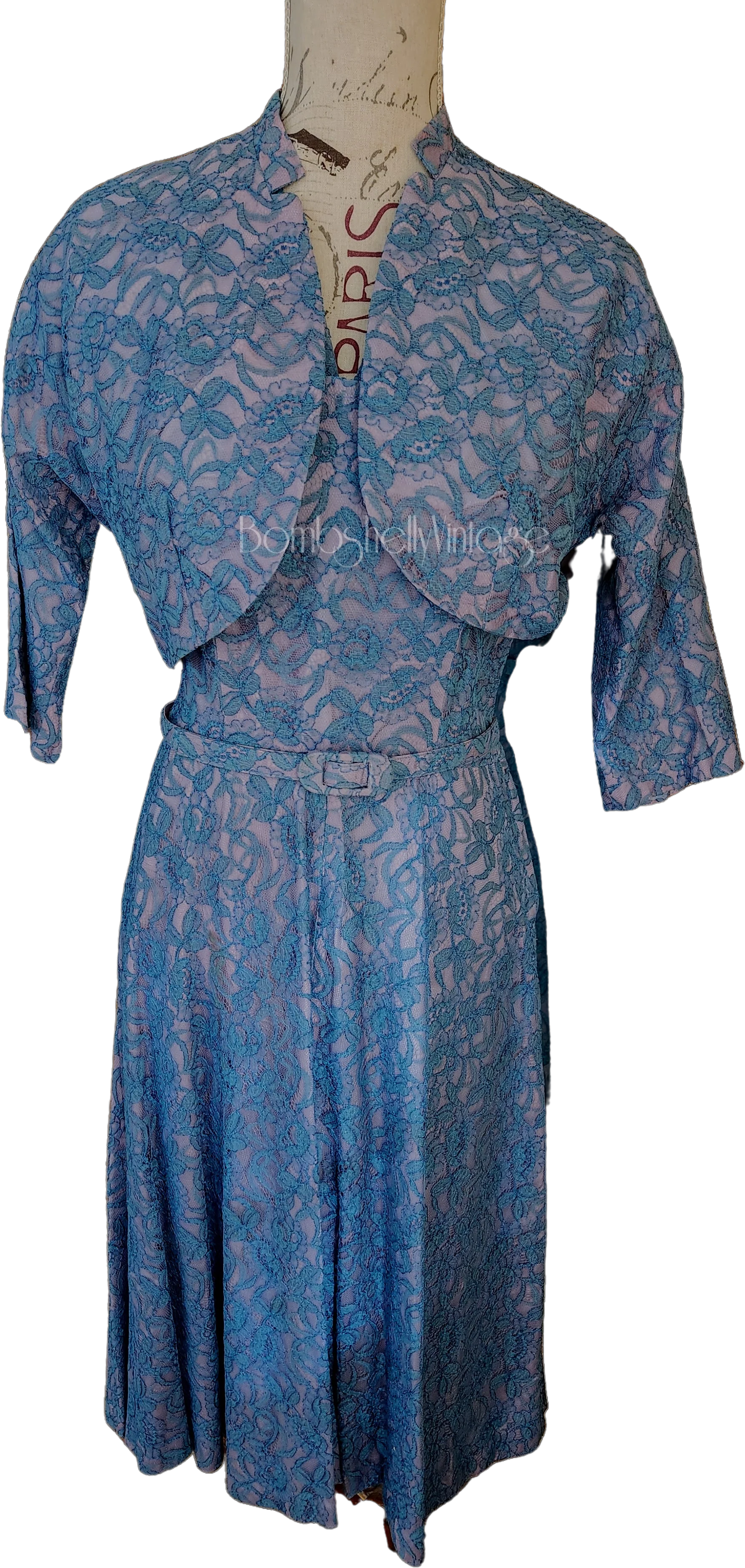 40s/50s Blue Lace Dress With Bolero Jacket And Belt By Tea Time Originals
