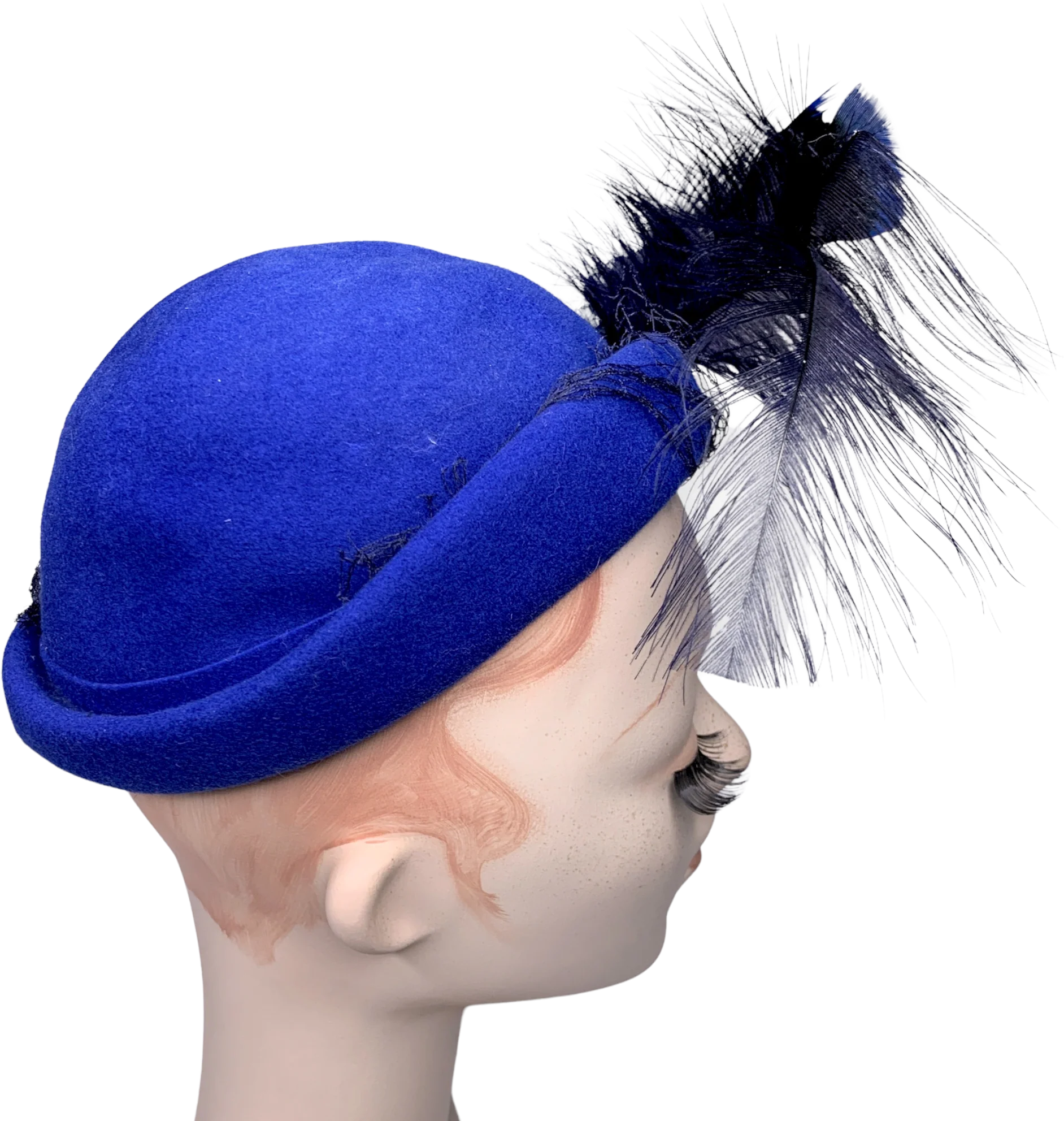 40s/50s Blue Wool Felt Feather Skull Cap Jeweled Hat By Lan-o-Rex - Image 2