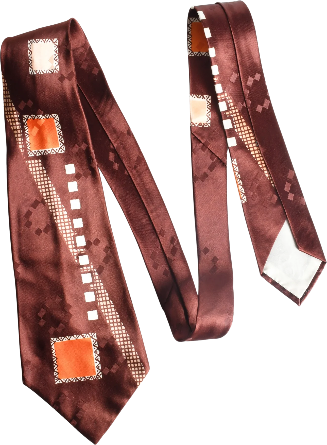 40s/50s Brown Orange Geometric Square Wide Swing Neck Tie By Radio City Neckwear