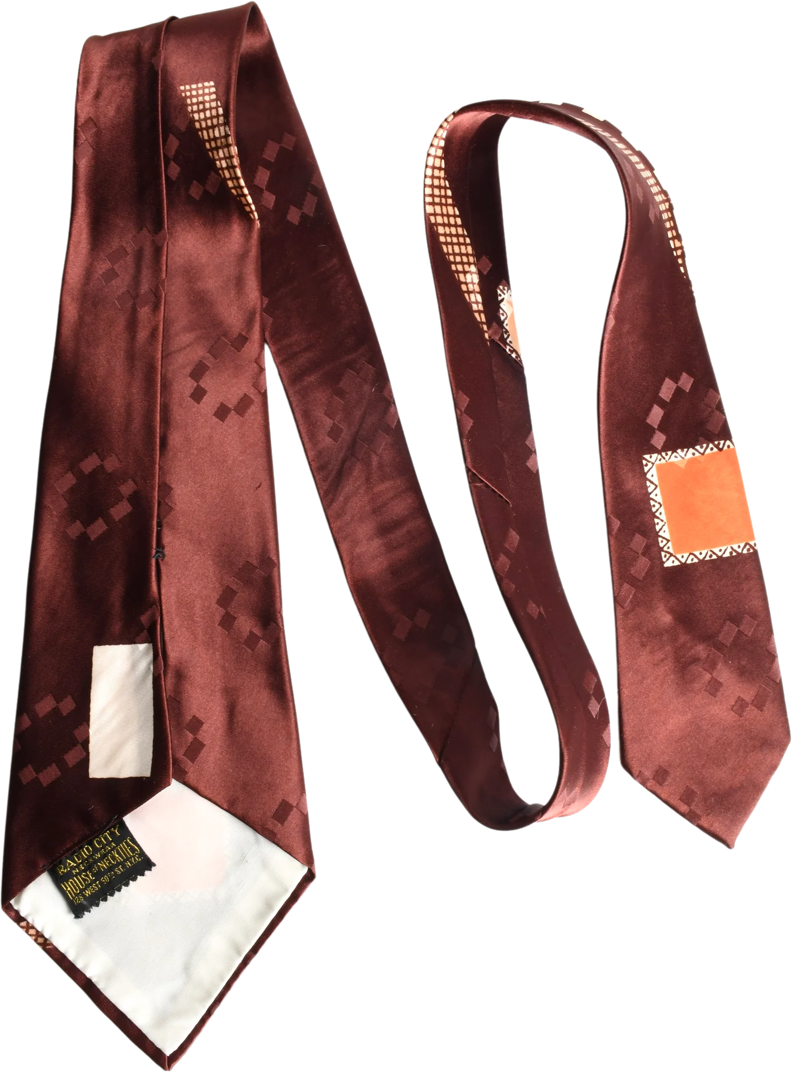 40s/50s Brown Orange Geometric Square Wide Swing Neck Tie By Radio City Neckwear - Image 2