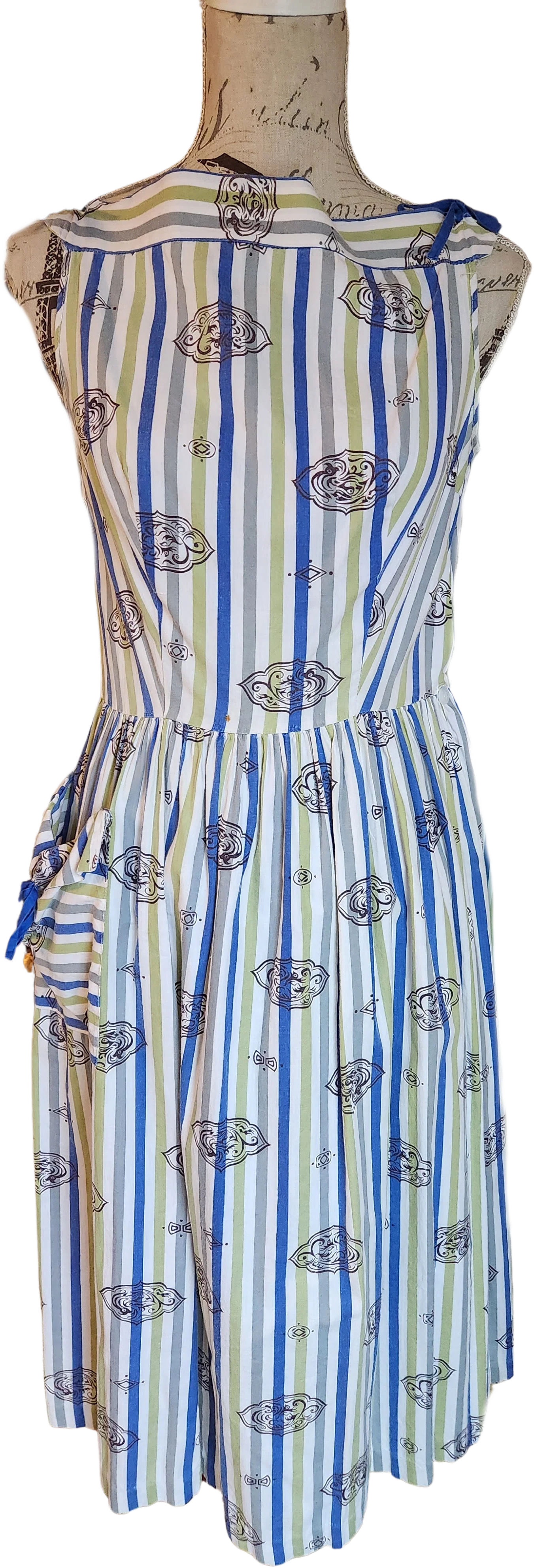 40s/50s Cotton Striped Novelty Print Sundress By Styled by Prevore