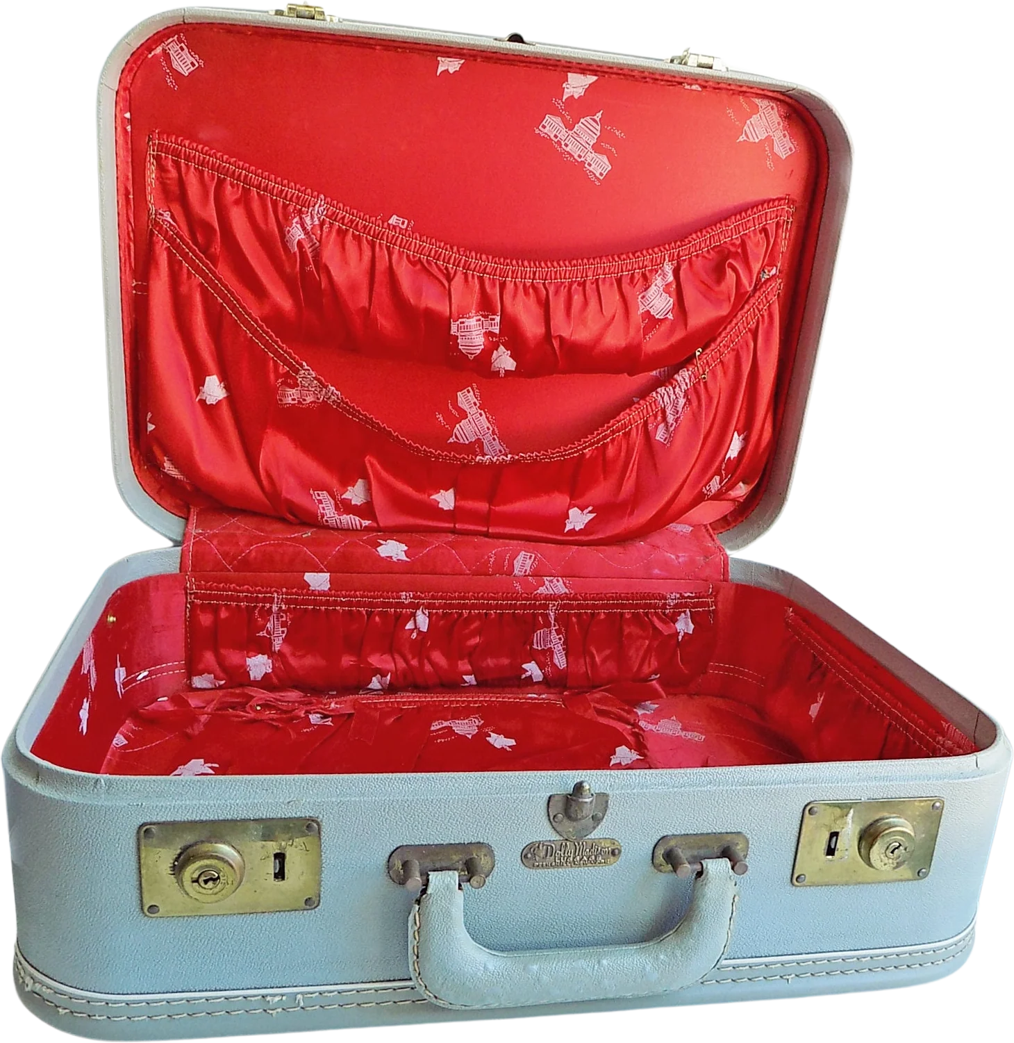 40s 50s Dolly Madison Travel Case Peekskill, Ny Red Silk Satin Lining Matching Waterproof Make Up Case4 Pockets Ribbon Ties