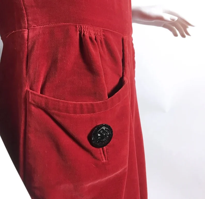 40s/50s Ellen Kaye Red Velveteen Dress With Black Buttons By Ellen Kaye - Image 7