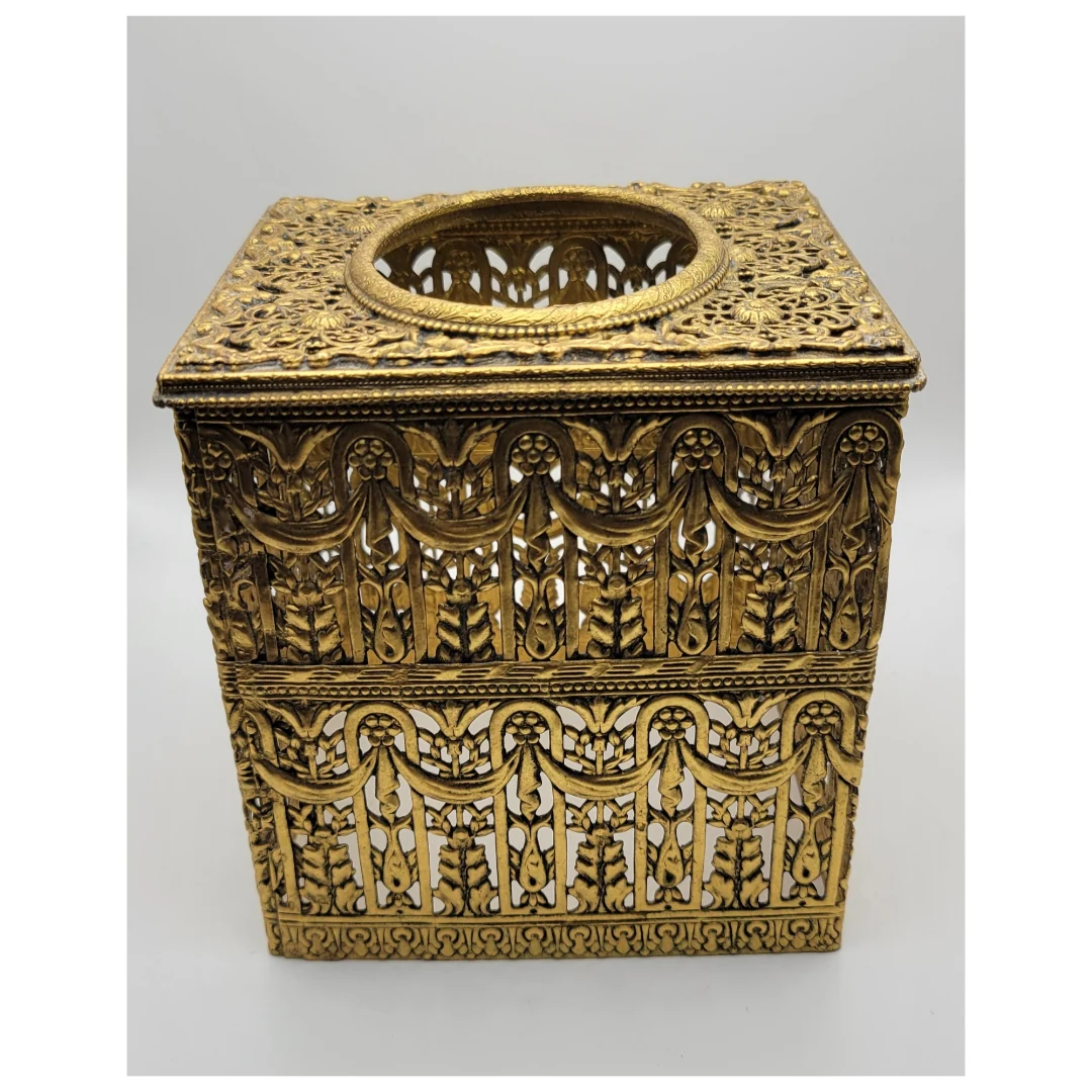 40s/50s Filigree Gold Metal Tissue Box - Image 3