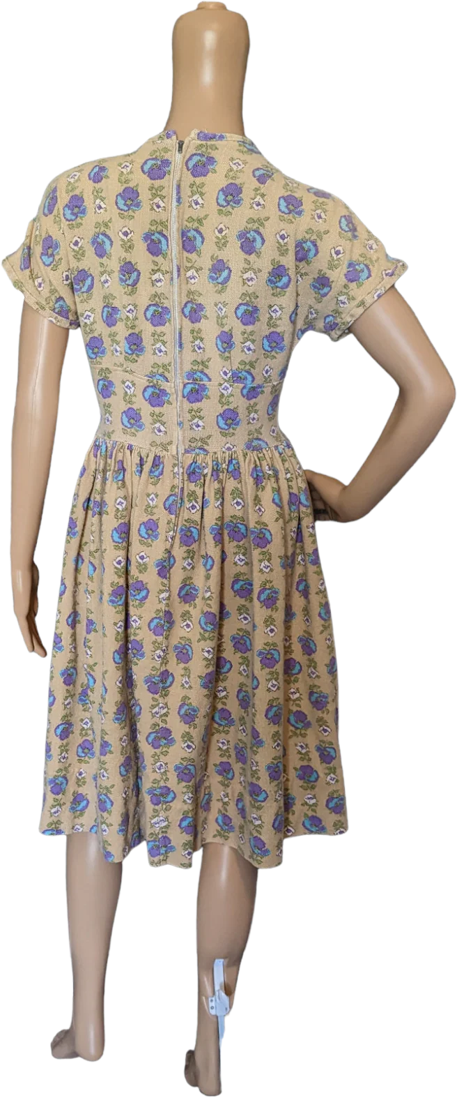 40s/50s Floral Burlap Full Pleated Fit And Flare Day Dress - Image 2