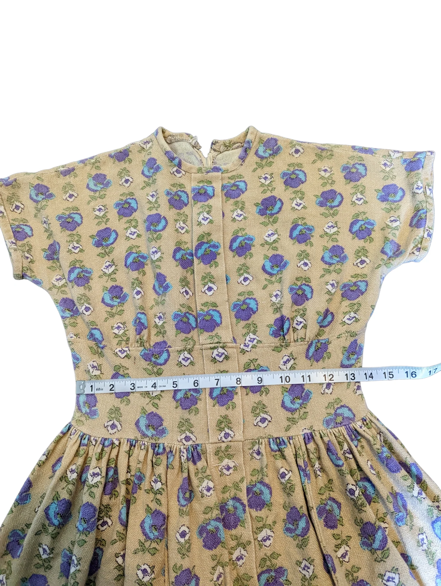 40s/50s Floral Burlap Full Pleated Fit And Flare Day Dress - Image 8