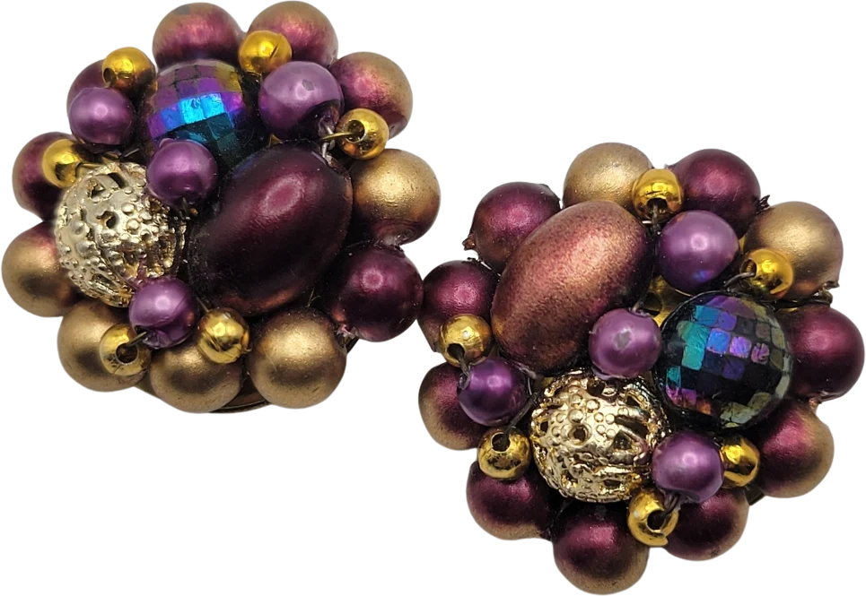 40s/50s Gold And Plum Beaded Cluster Earrings
