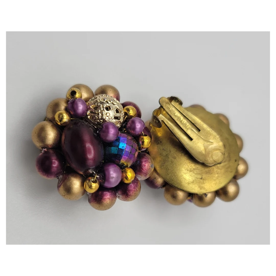 40s/50s Gold And Plum Beaded Cluster Earrings - Image 4