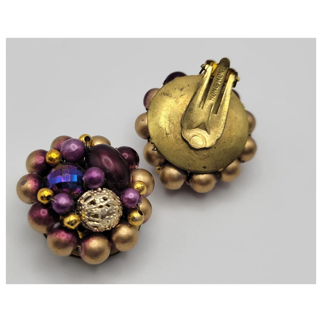 40s/50s Gold And Plum Beaded Cluster Earrings - Image 5